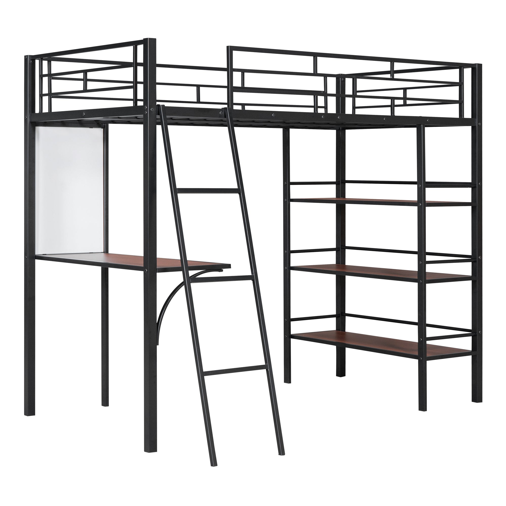 Twin Size Loft Metal Bed with 3 Layers of Shelves and Desk, Stylish Metal Frame Bed with Whiteboard, Black