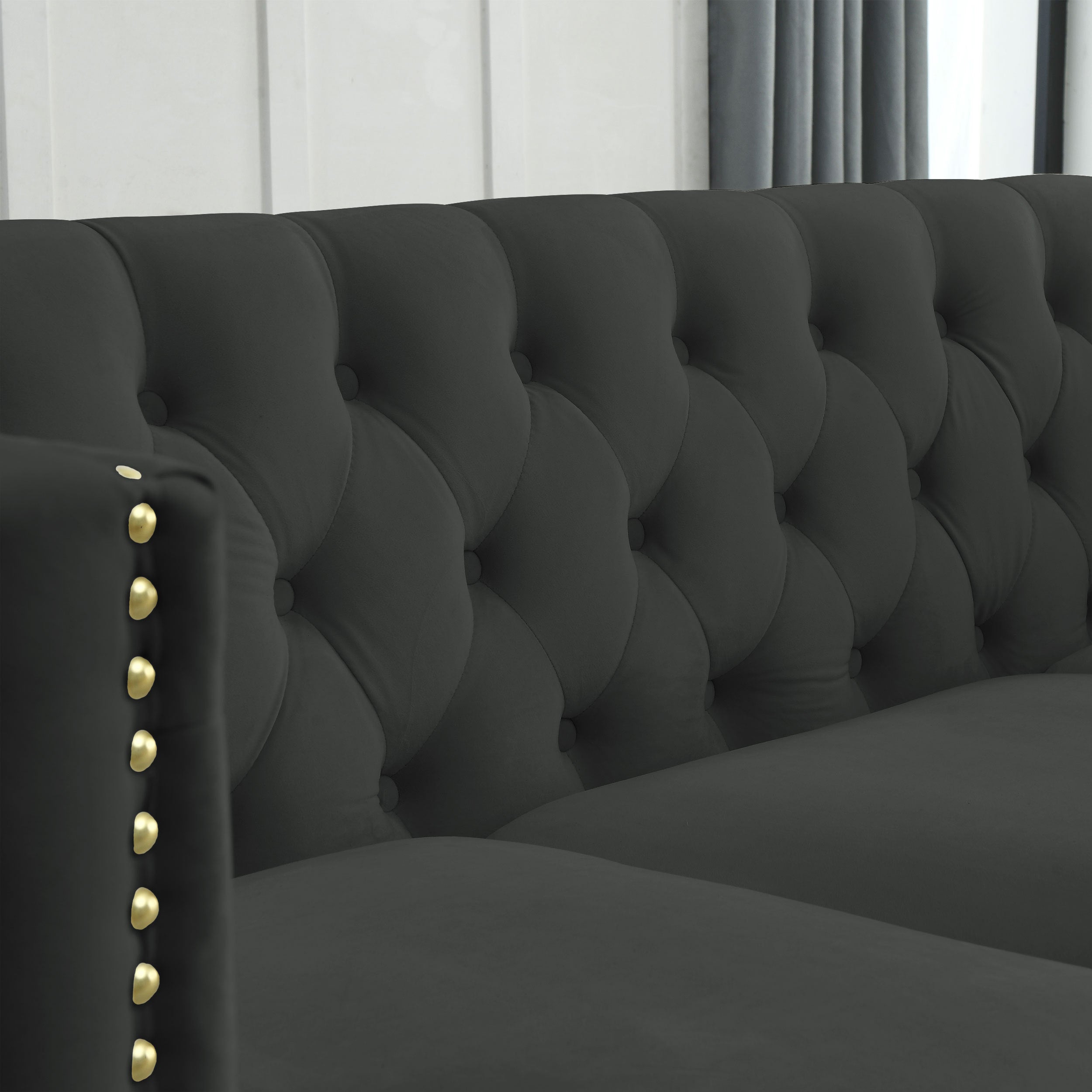 {Contact us for 3D modeling} Velvet Sofa for Living Room,Buttons Tufted Square Arm Couch, Modern Couch Upholstered Button and Metal Legs, Sofa Couch for Bedroom, Black Velvet-2S(W834S00053)