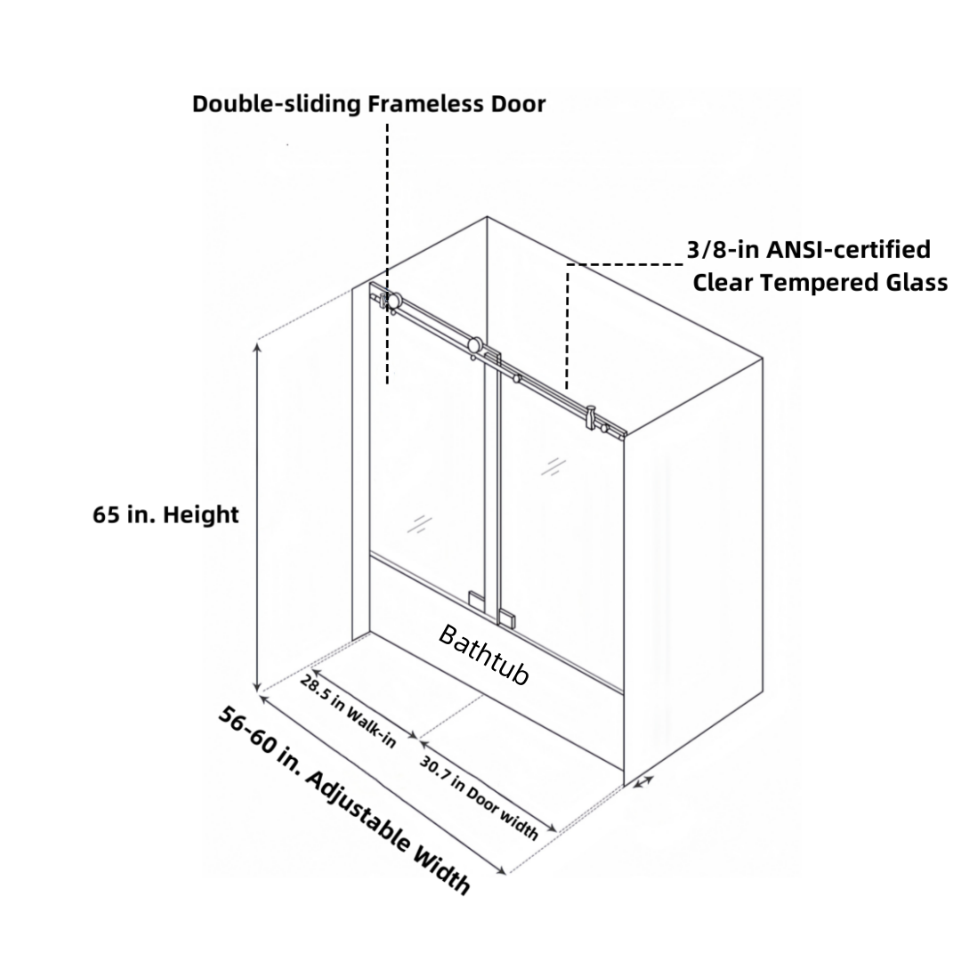 56"-60" W x 65'' H Frameless Double Sliding Tub Door, Bypass Tub Door Clear Glass Soft Closing in Chrome 23D02-T60C