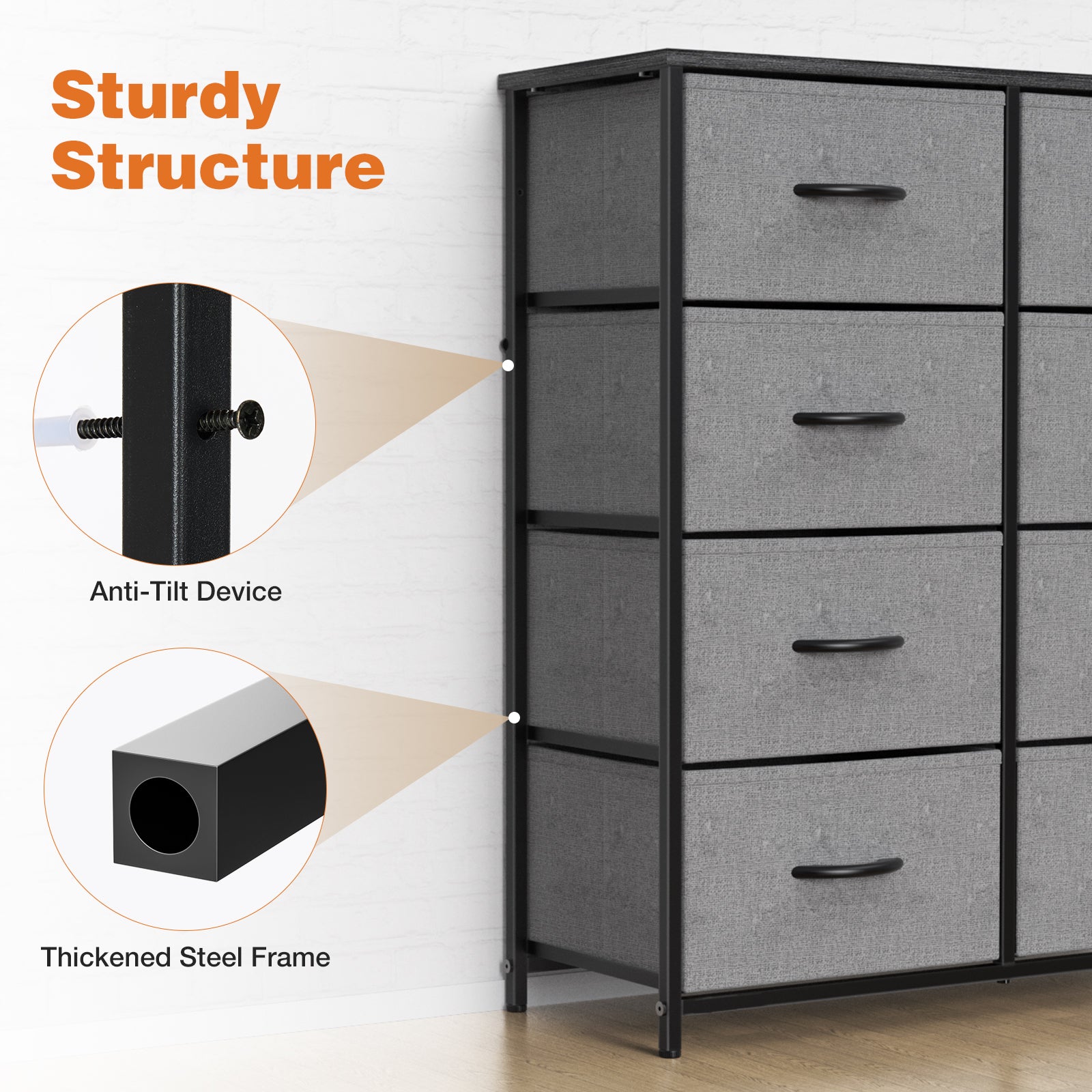 Sweetcrispy Dresser for Bedroom with 8 Drawers Tall Dresser & Chest of Drawers Fabric Dresser with Wood Top and Sturdy Steel Frame