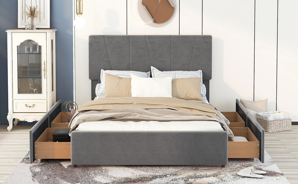 Queen Size Upholstery Platform Bed with Four Drawers on Two Sides, Adjustable Headboard, Grey(Old SKU: WF291774EAA)