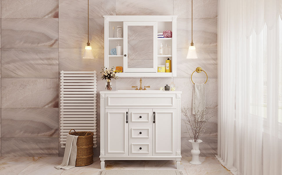 36'' Bathroom Vanity with Top Sink, White Mirror Cabinet, Modern Bathroom Storage Cabinet with 2 Soft Closing Doors and 2 Drawers, Single Sink Bathroom Vanity