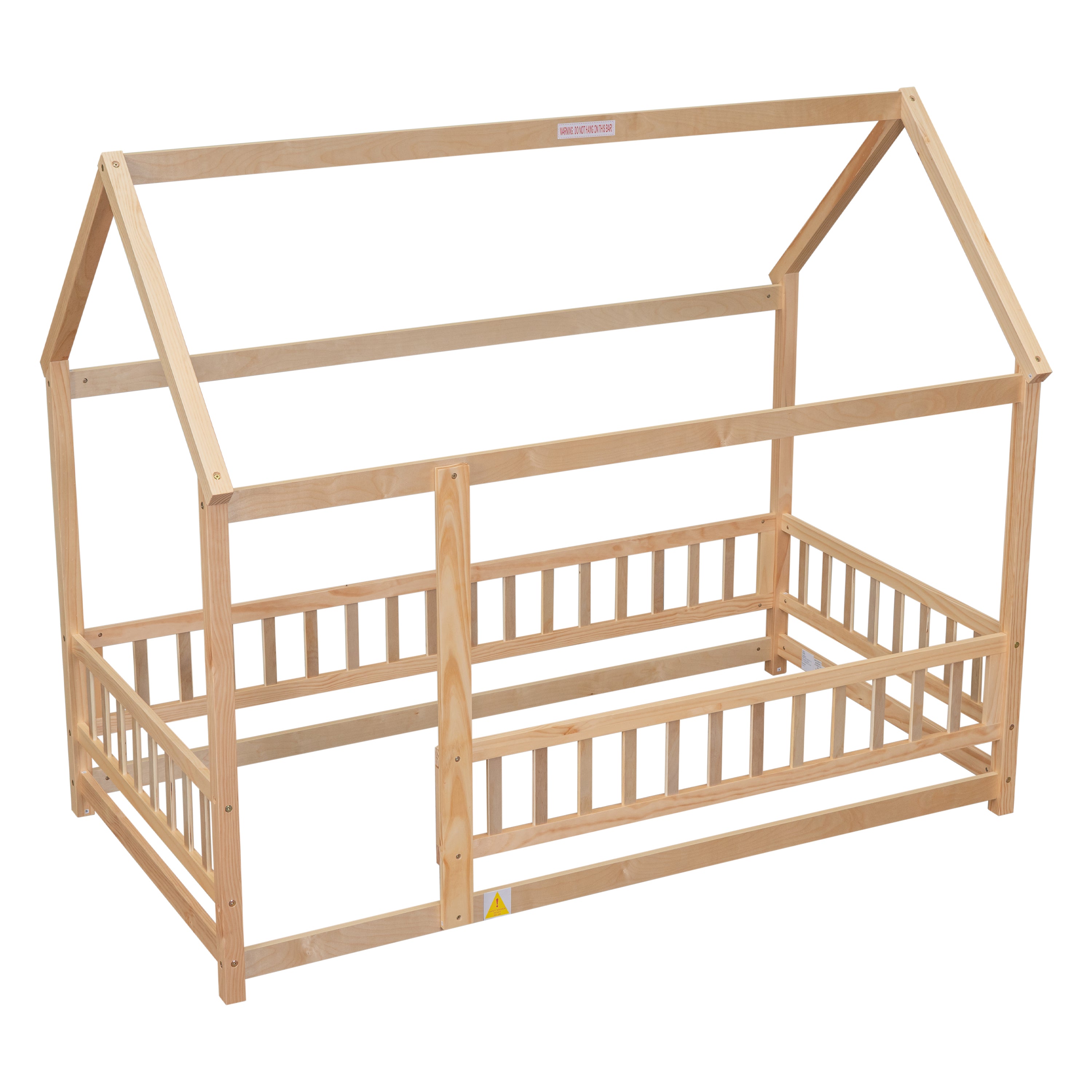 Twin Size Floor Wooden Bed with House Roof Frame, Fence Guardrails,(Old SKU:W504105240)