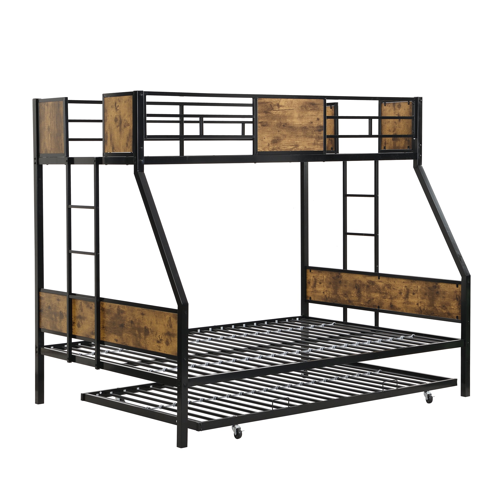 Twin Over FULL  Metal Bunk Bed  with Trundle  2 - Side Ladder and Full-Length Guardrail, No Box Spring Needed, Large Under Bed Storage, Easy Assemble , Black &  Brown