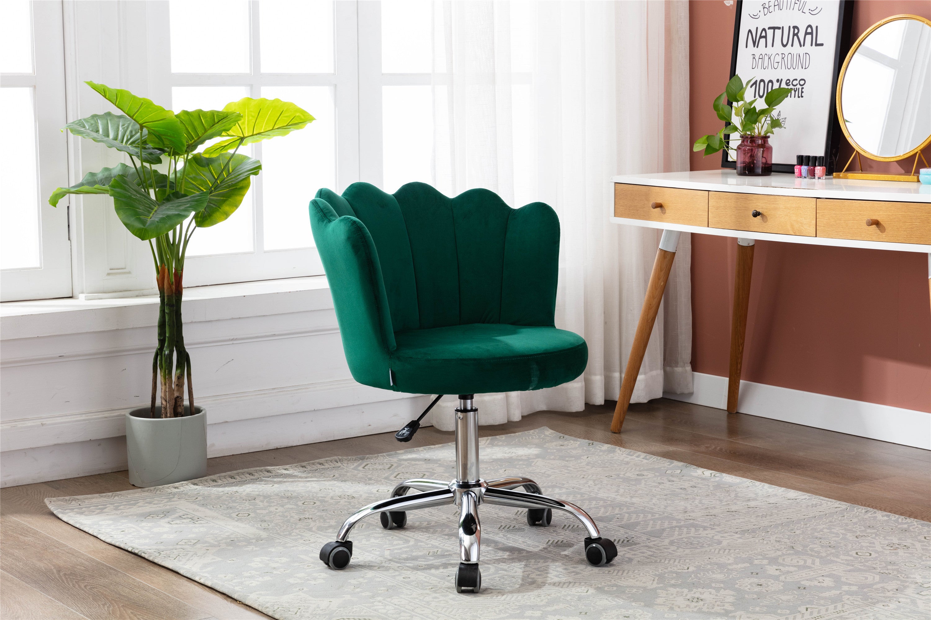 COOLMORE Velvet Home Office Chair with silver Base, Modern Cute Shell Back Upholstered Desk Chair for Vanity, Adjustable Swivel Task Chair for Office(Green Velvet)