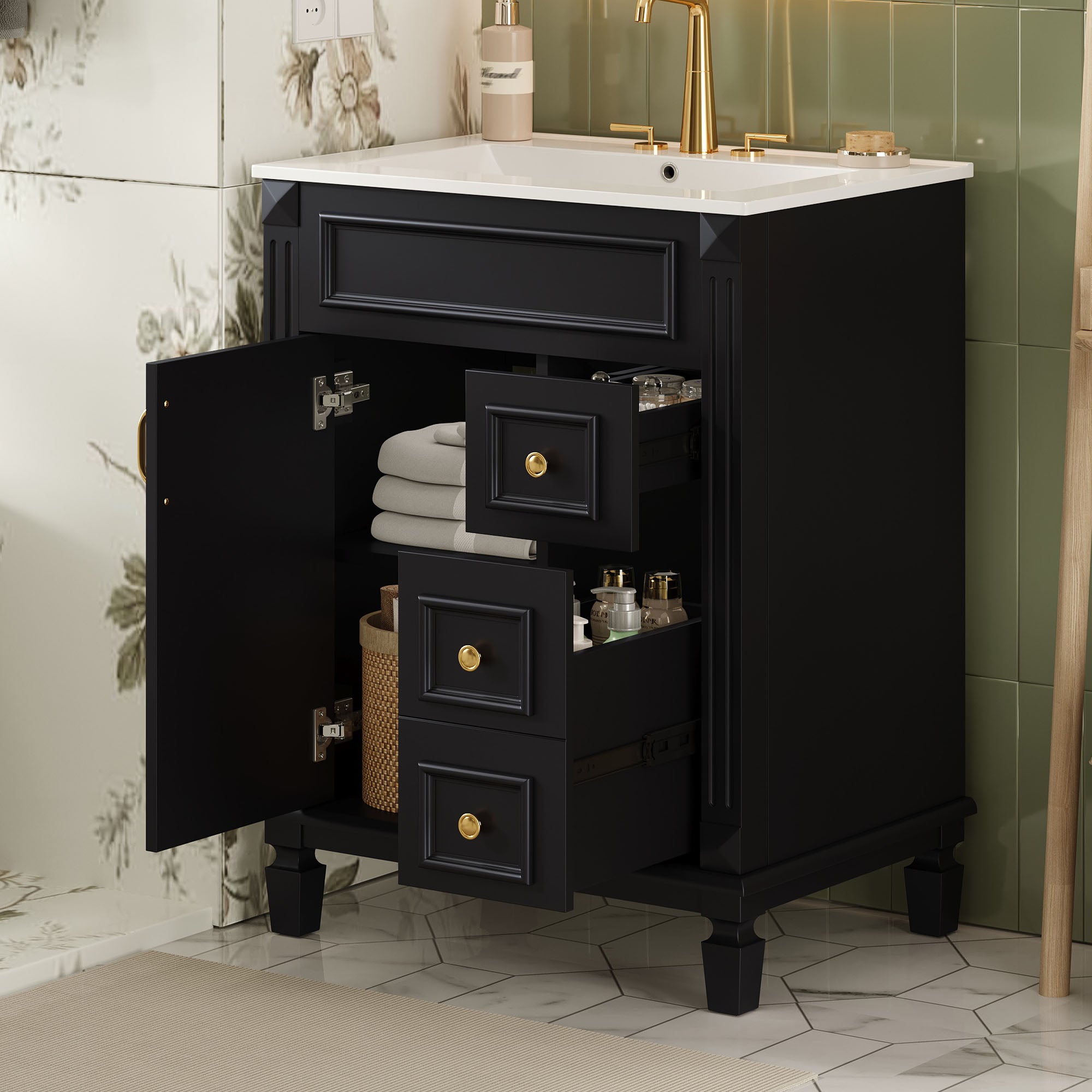 24 in. modern bathroom vanity ceramic sink, angled view