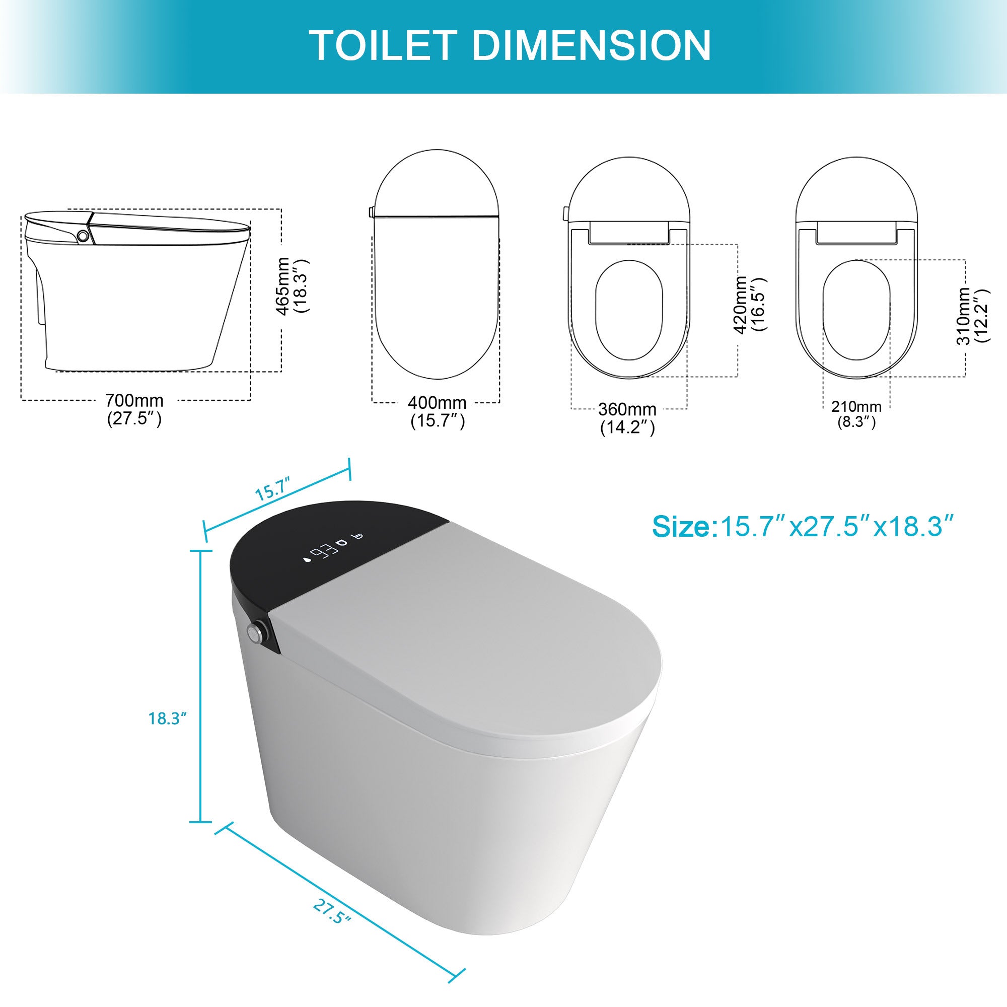 Smart Toilet with Bidet Built in, Auto Open & Close, Elongated Heated seat, Foot Sensor Flush, LED Display, Warm Water Wash, Dryer, Night Light