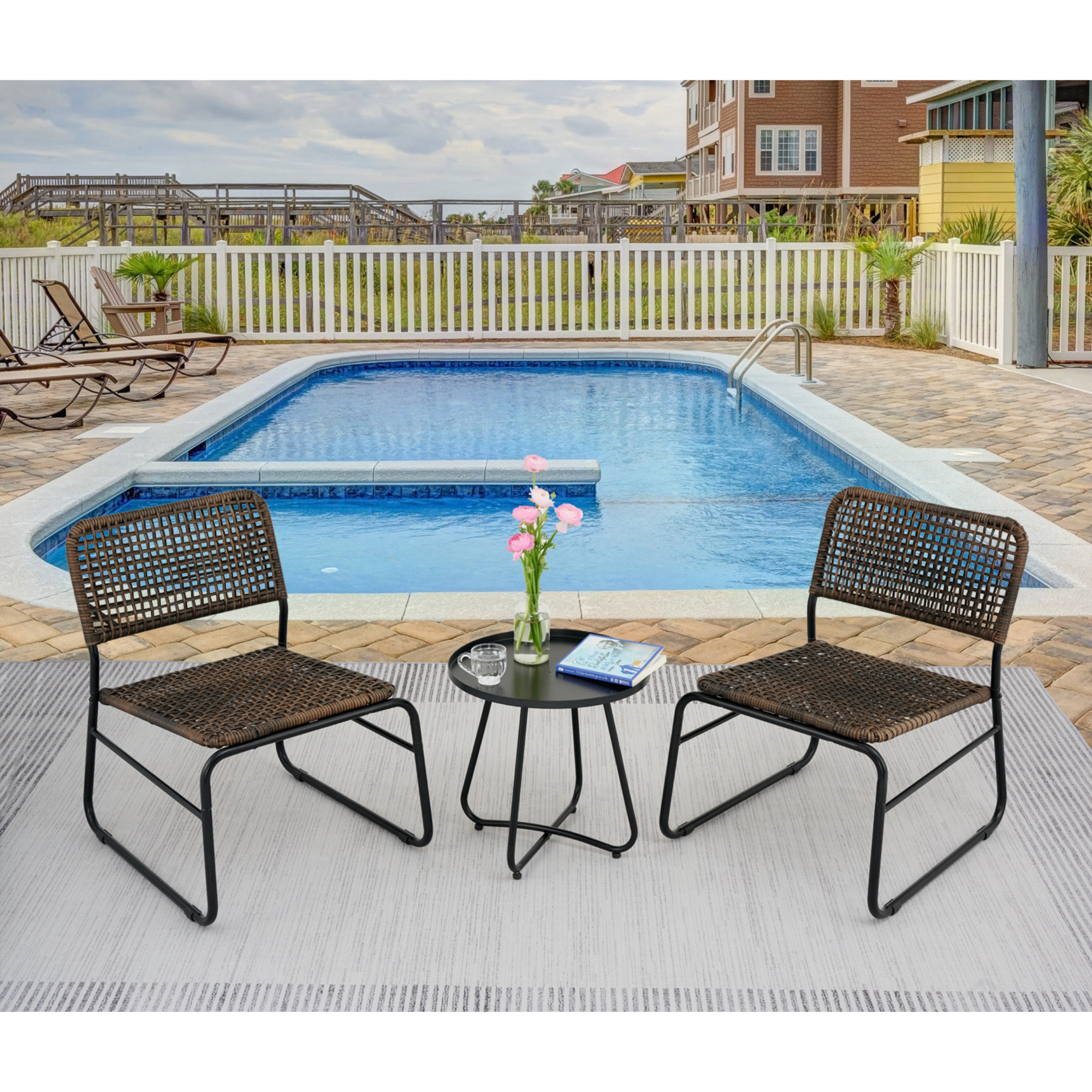 Patio Furniture Set 3 Piece Mixture Pattern PE Rattan Steel Frame And Modern Round Table, Brown and Black