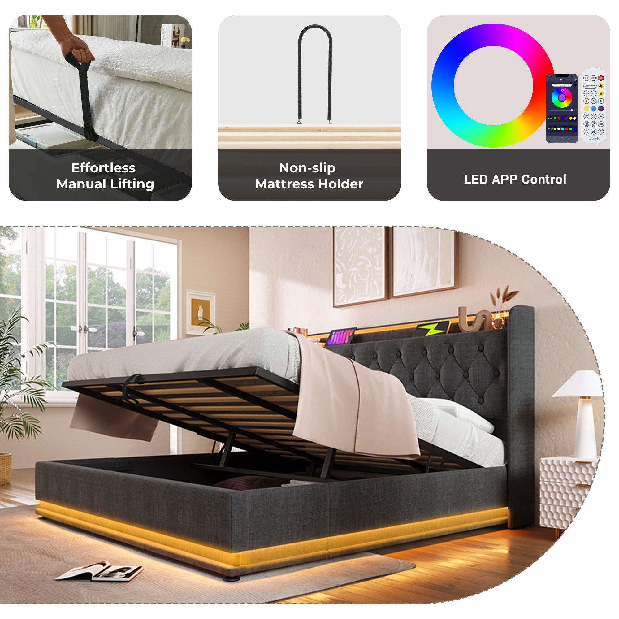 King size Upholstered bed, 360 surround LED function, Buttons/Apps/Remote Control, hydraulic storage bed with USB Type-C charging, Gray,Linen (Without mattress)