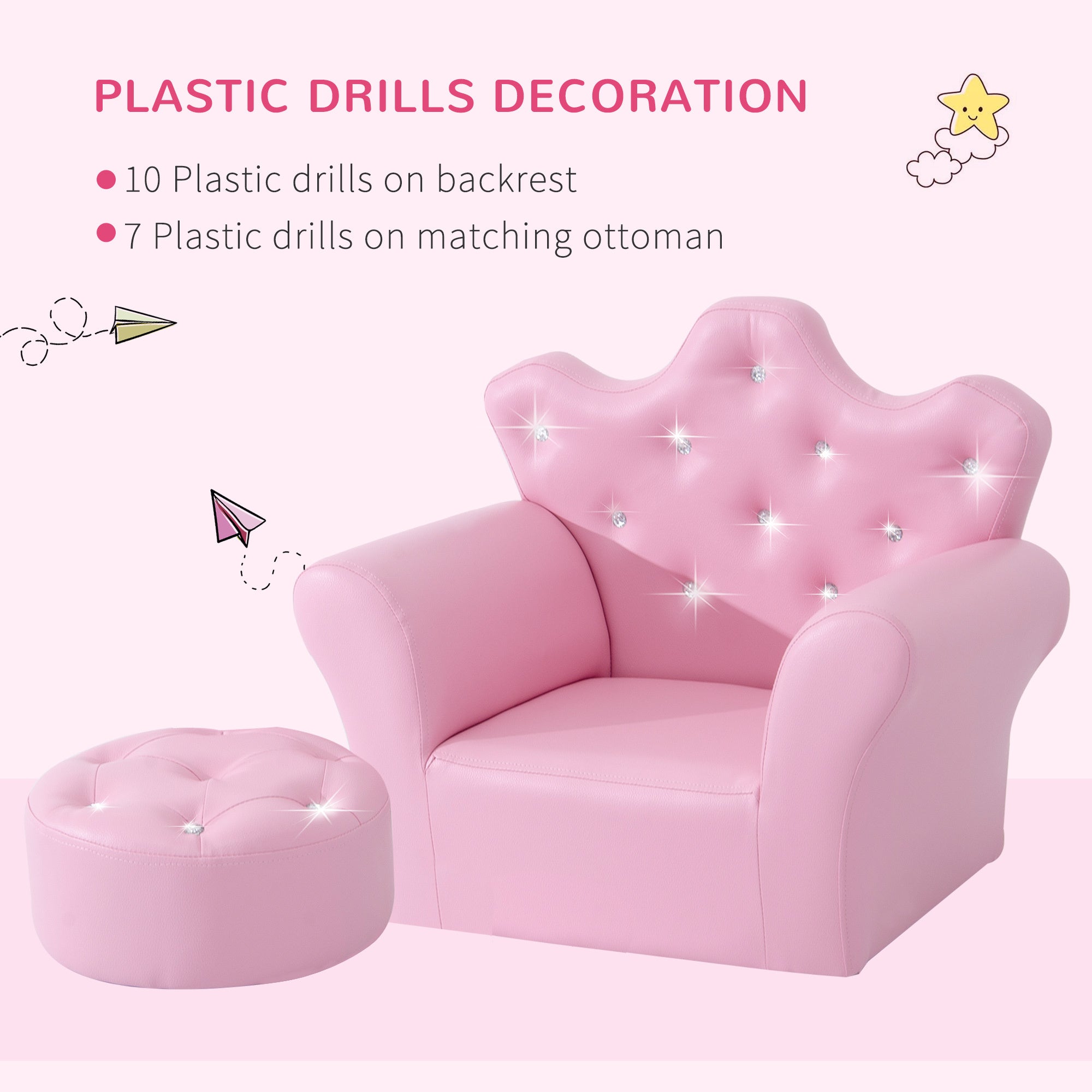 Kids Sofa Set, Children's Upholstered Sofa with Footstool, Princess Sofa with Diamond Decorations, Baby Sofa Chair for Toddlers, Girls, Pink