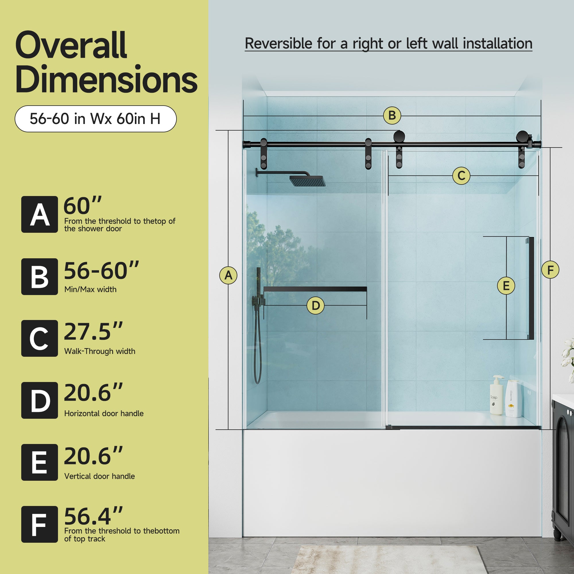60 x 60 in Frameless Single Sliding Tub Door - 60 x 60 in / Clear Glass / Matte Black view 3