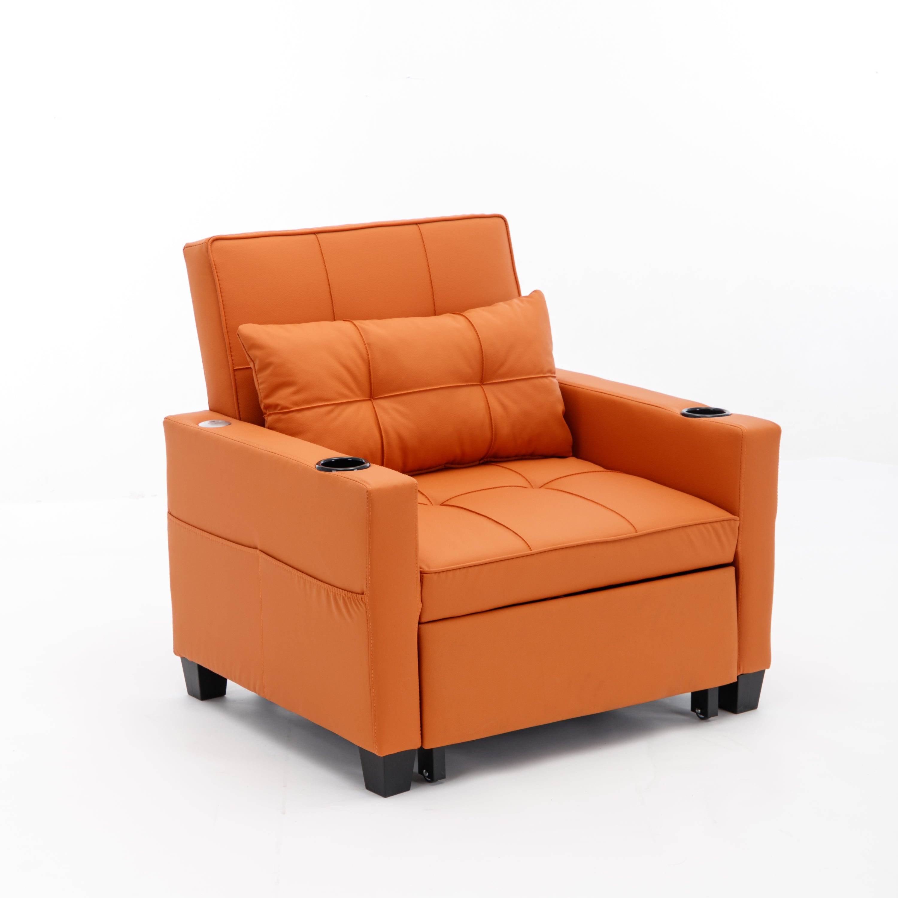 Futon Chair Bed Convertible Chair 3-in-1 Pull Out Sleeper Chair Beds with USB Ports,Wear-resistant and Anti-scratch,  Armchair Bed Sleeper for Living Room (Orange Leather)