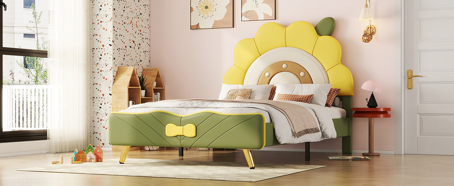 Twin Size Upholstered Platform Bed with Sunflower Shaped Headboard, Green