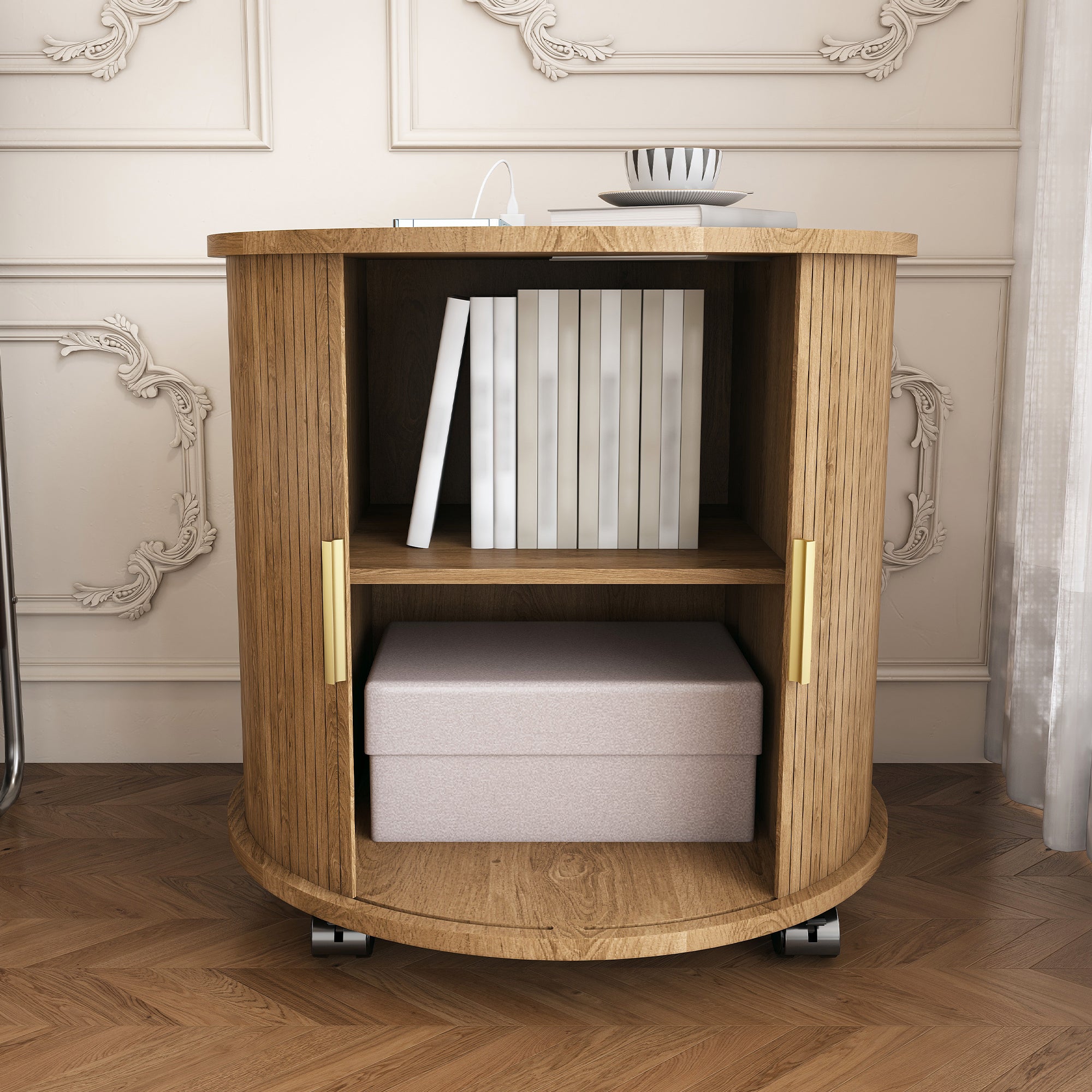 Mid century modern round end table with sliding door open, storage view