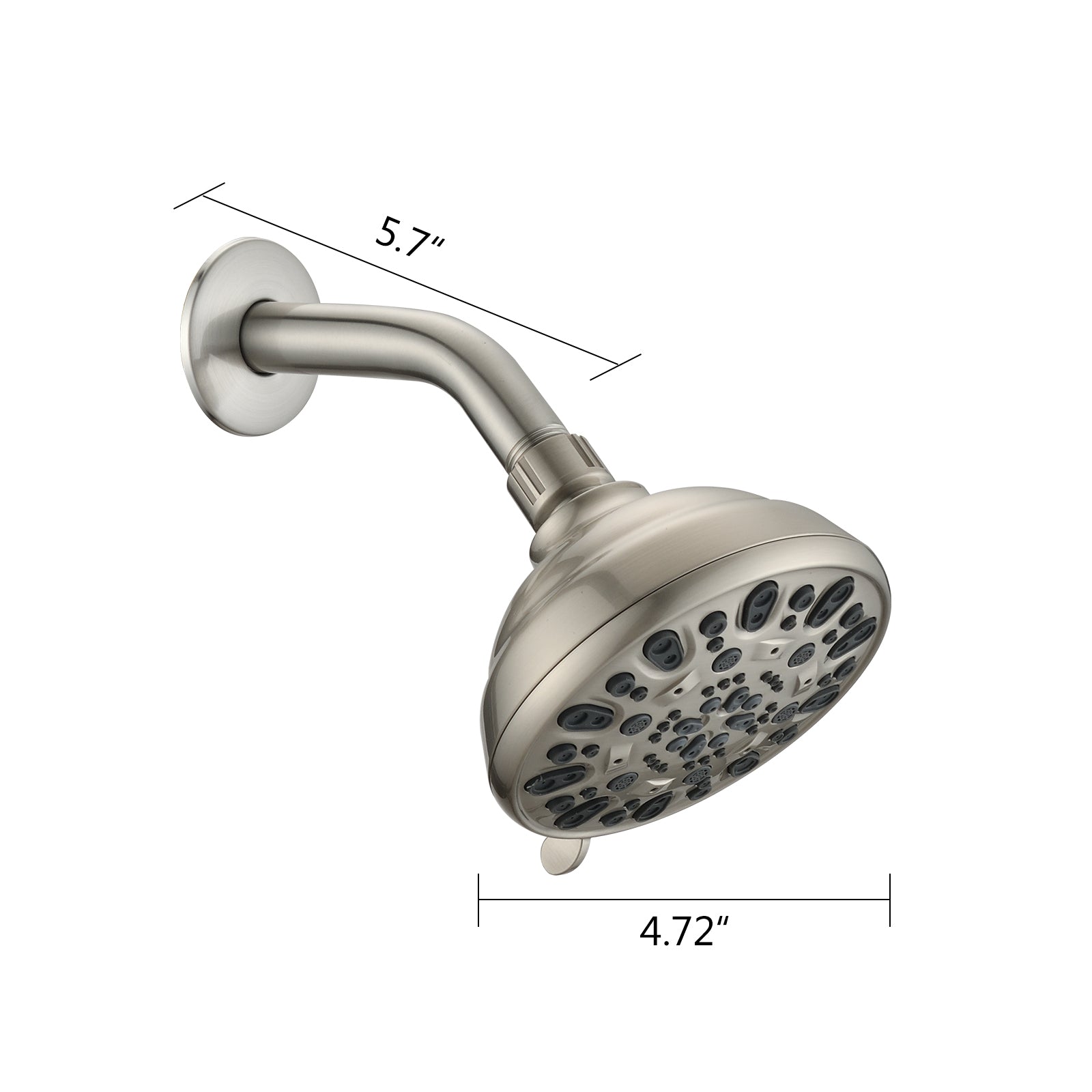 Brushed nickel high pressure 6-setting 4" shower head - Angle adjustable, clog-proof shower head