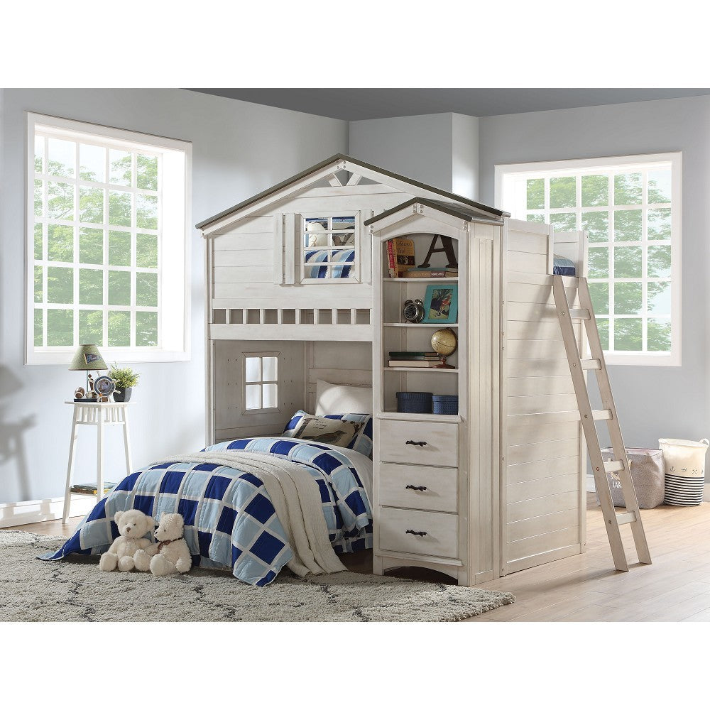 ACME Tree House Loft Bed (Twin Size) in Weathered White & Washed Gray 37165