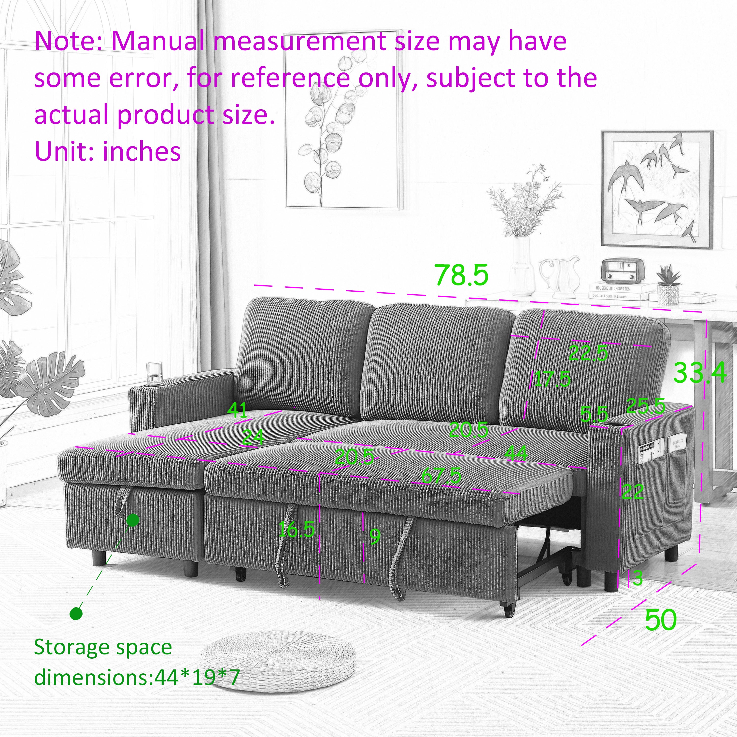 FX78.7" Comfortable Corduroy L-Shaped Combo Sofa Bed, Living Room Furniture Set for Tight Spaces, Reversible Sleeper Combo Sofa with Pullout Bed, Reversible Sofa Bed for Living Room, W1926S00009