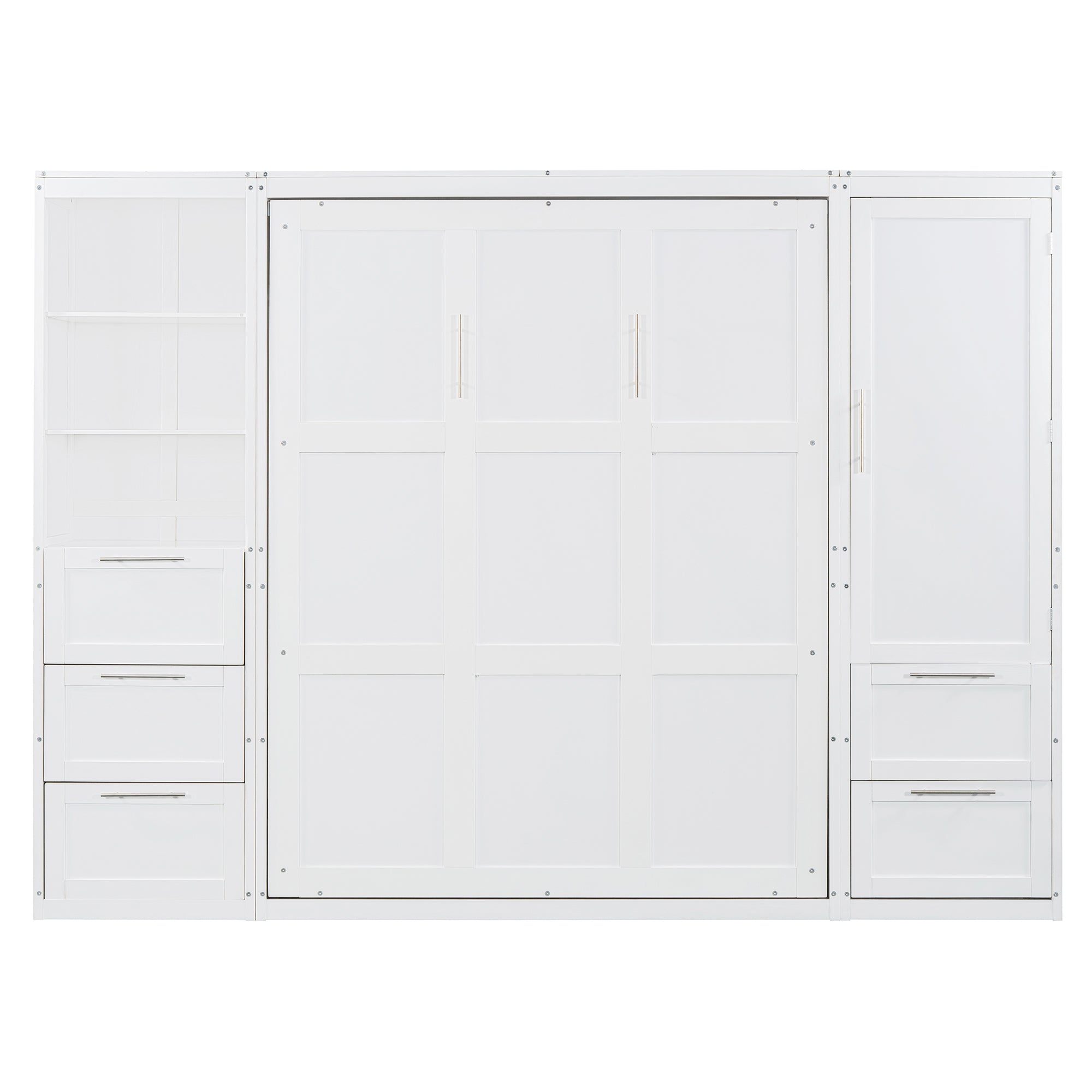 Queen Size Murphy Bed Wall Bed with Closet ,Drawers and Shelves,White