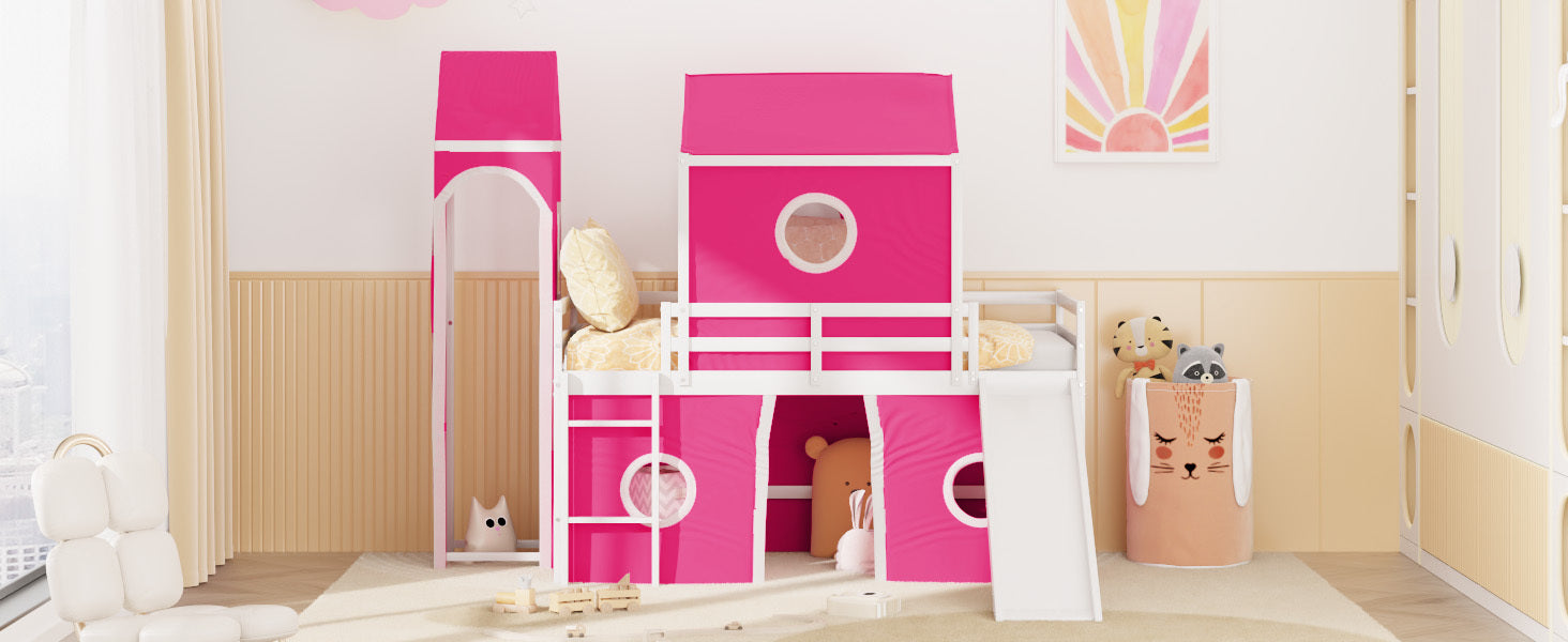 Twin Size Loft  Bed with Slide Pink Tent and Tower - Pink (OLD SKU:WF298769AAH)