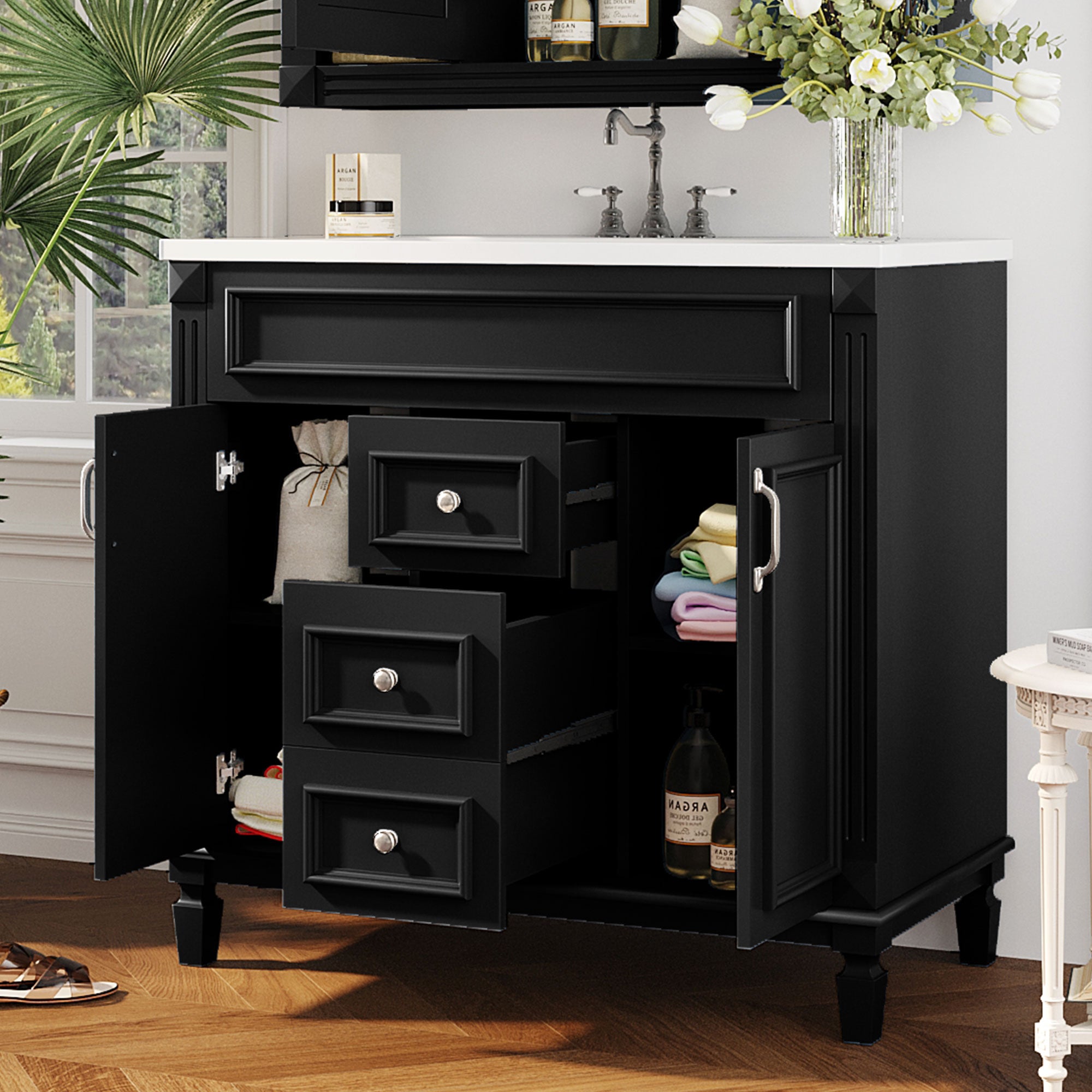 36 in. modern bathroom vanity top and single sink detail