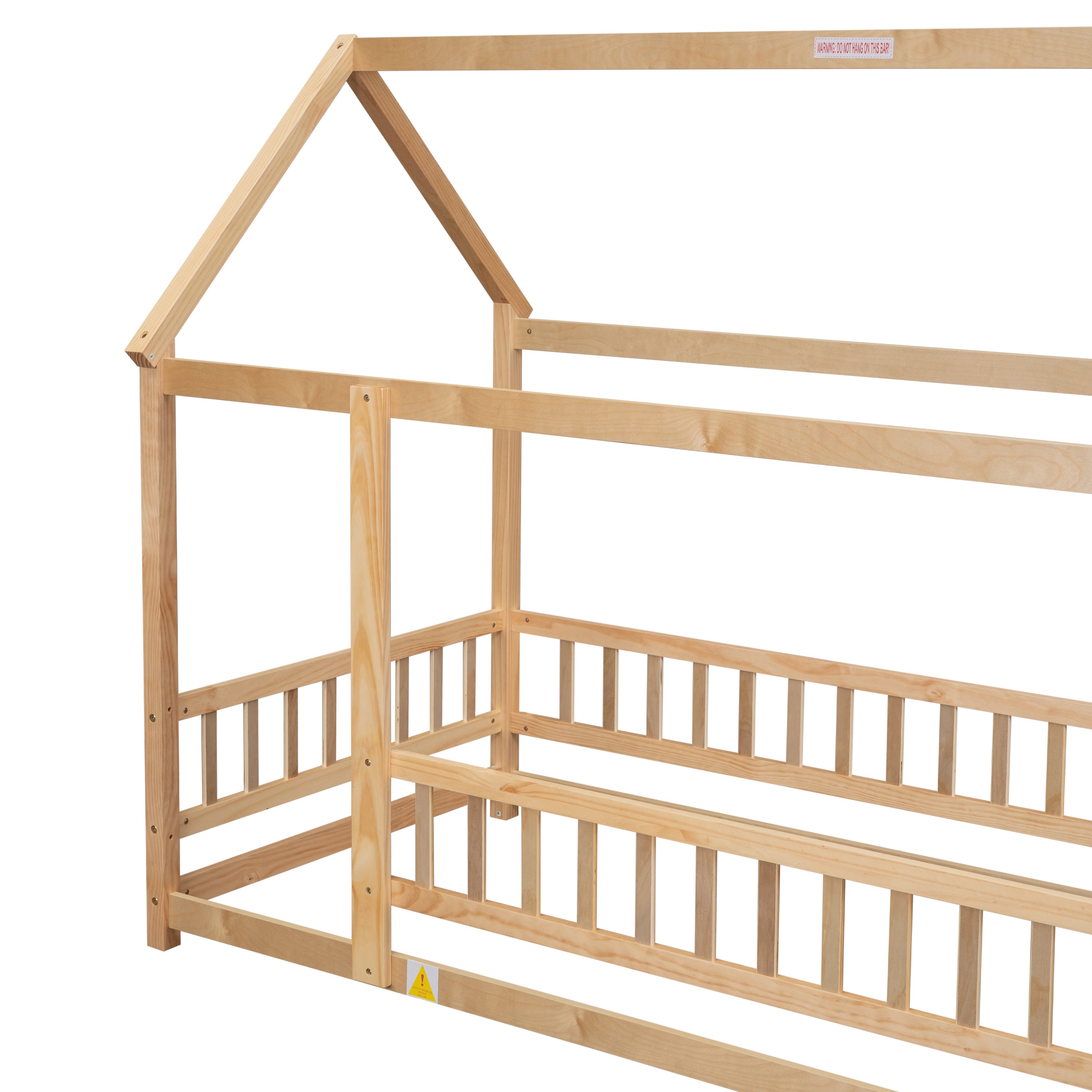 Twin Size Floor Wooden Bed with House Roof Frame, Fence Guardrails,(Old SKU:W504105240)