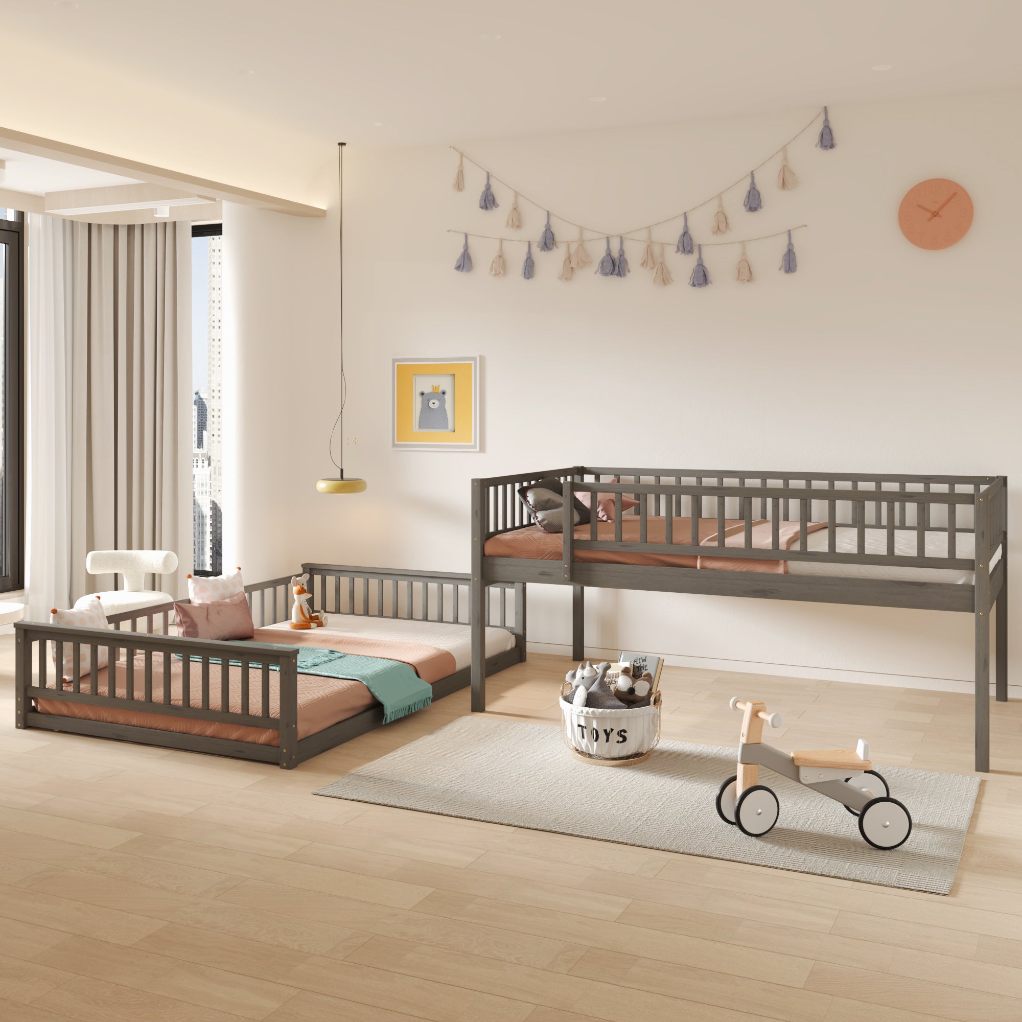 Gray Full XL over Queen bunk bed, angled side view showing ladder