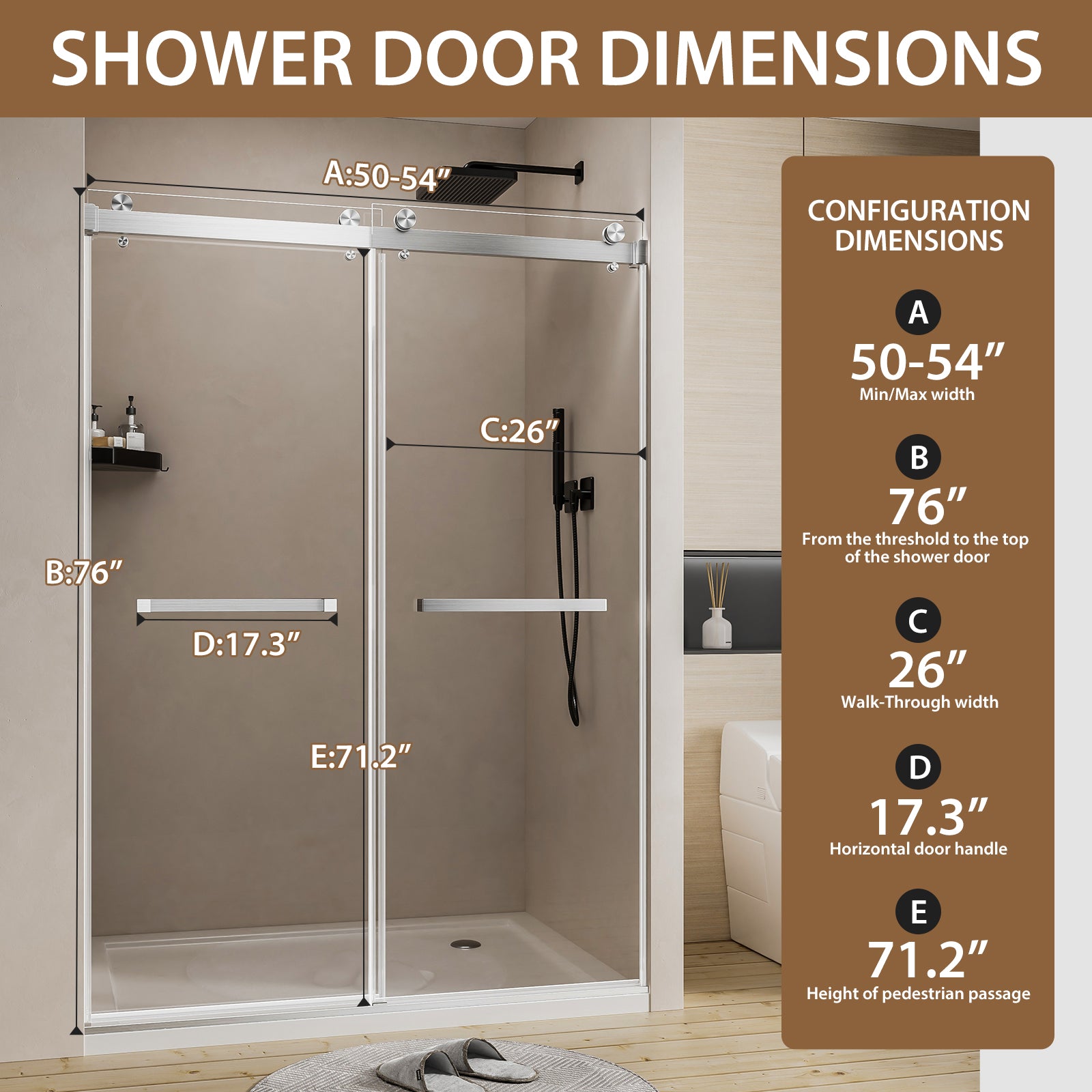 Frameless double sliding shower door 50-54 inch brushed nickel angled view
