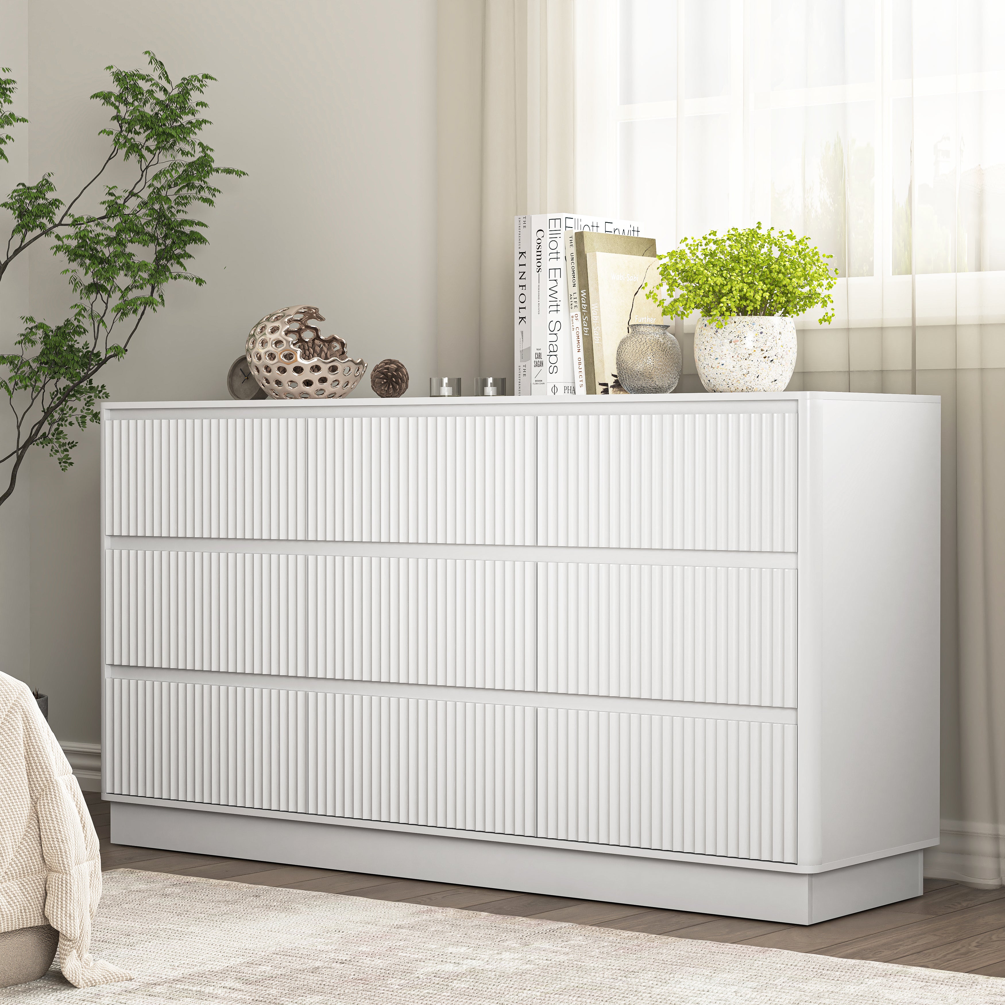 White wood 9 drawer dresser, side profile view