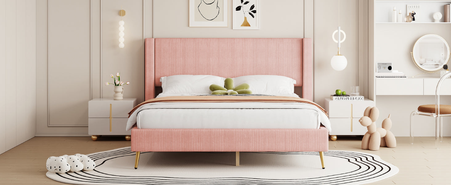 Queen Size Corduroy Platform Bed with Metal Legs, Pink(old sku:WF300238AAH)