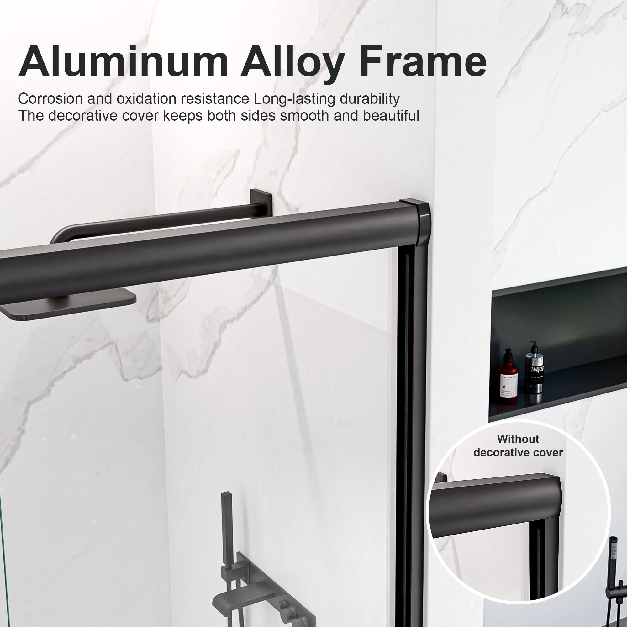 Semi-frameless sliding shower door Matte Black hardware detail