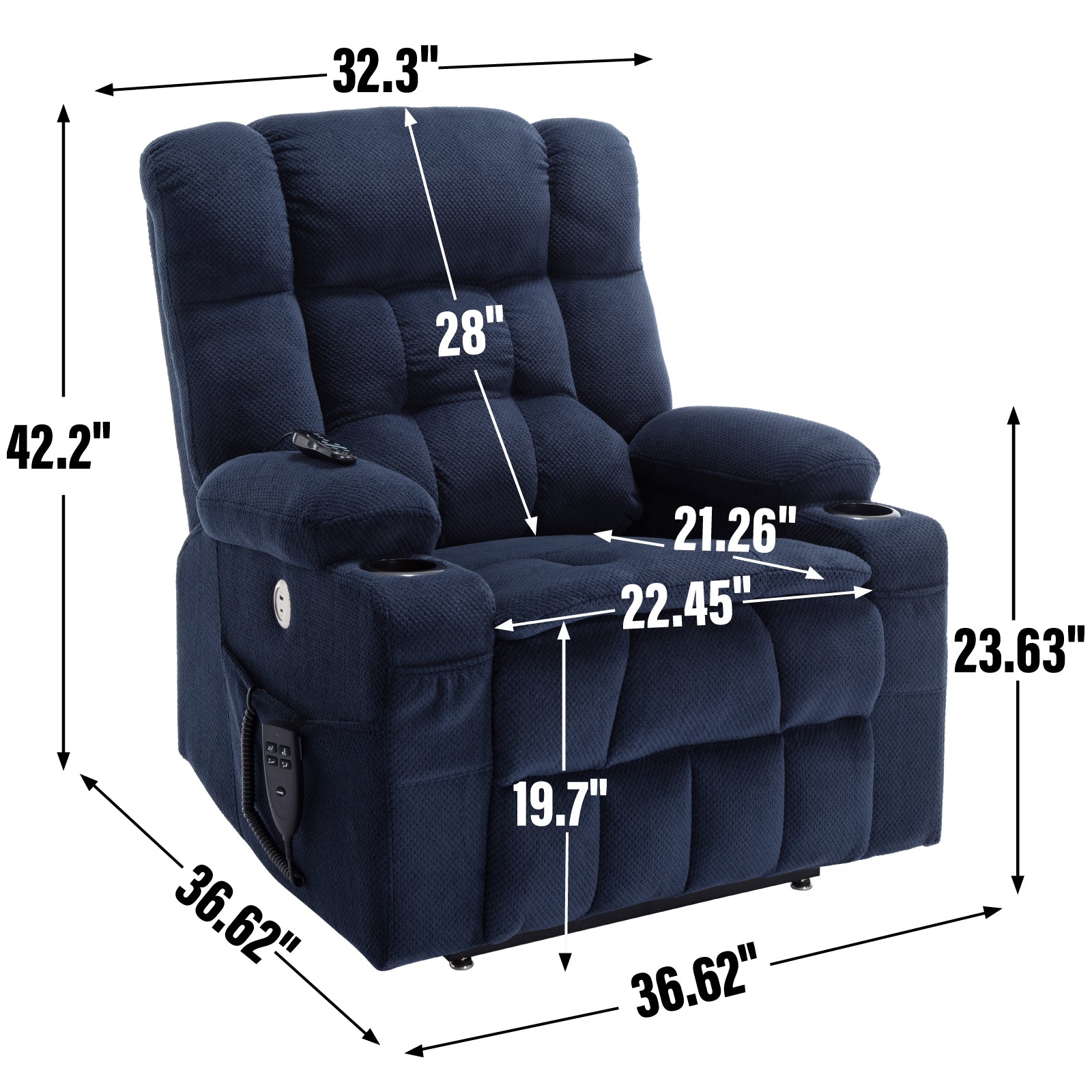 Blue Dual Motor Infinite Position Up to 350 LBS Chenille Power Lift Recliner Chair, Heavy Duty Motion Mechanism with 8-Point Vibration Massage and Lumbar Heating, Dual Cup Holders