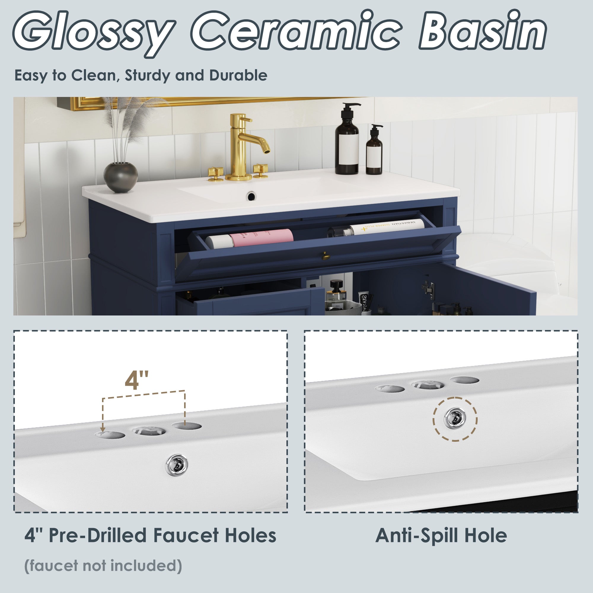 36 inch modern single-sink bathroom vanity with top sink, styled bathroom view