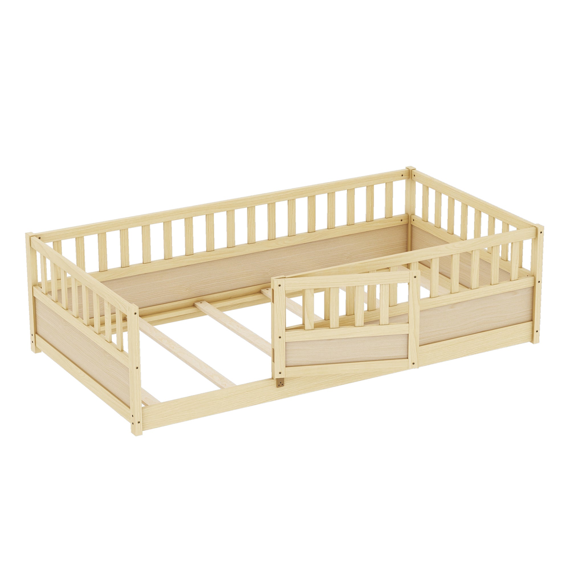 Twin Size Floor bed, integral construction with super high security barrier, door, children's floor bed frame, Montessori wooden children's floor bed, Support  slat Natural Wood