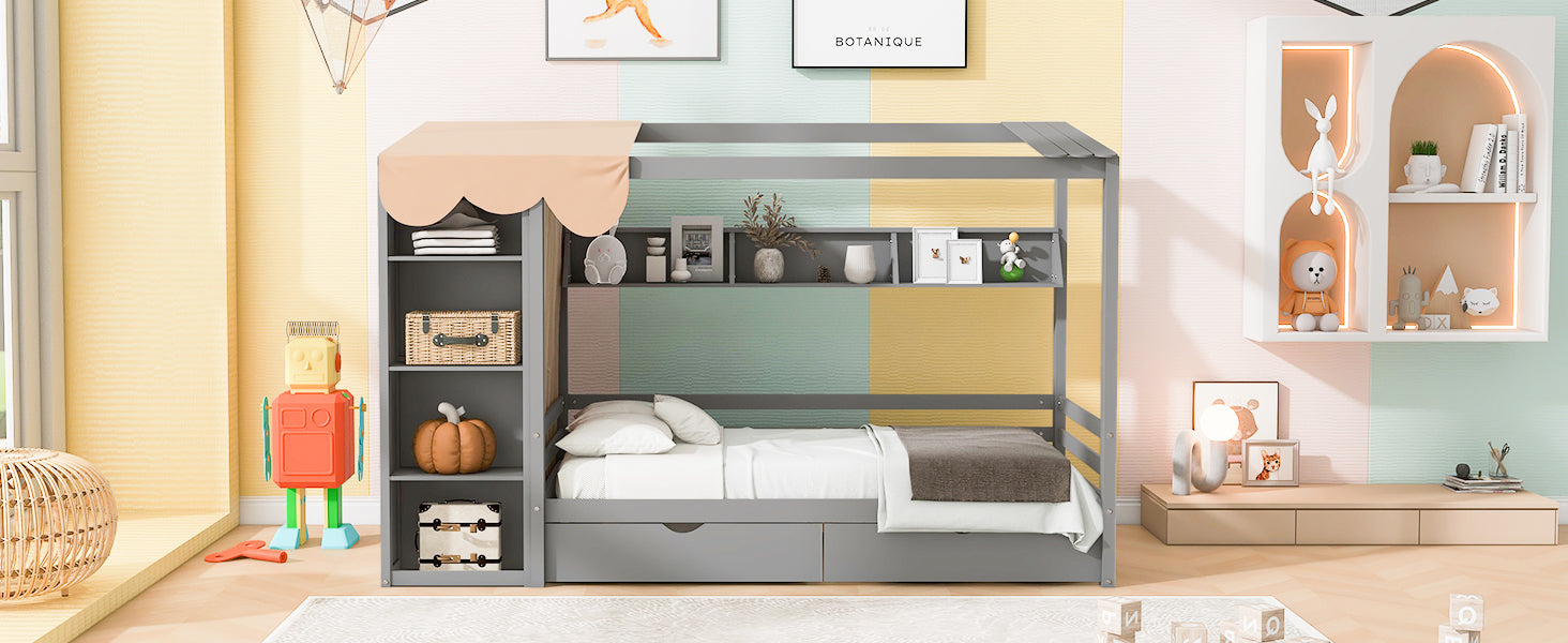 Twin size House Bed with Two Drawers and Wardrobe,Gray