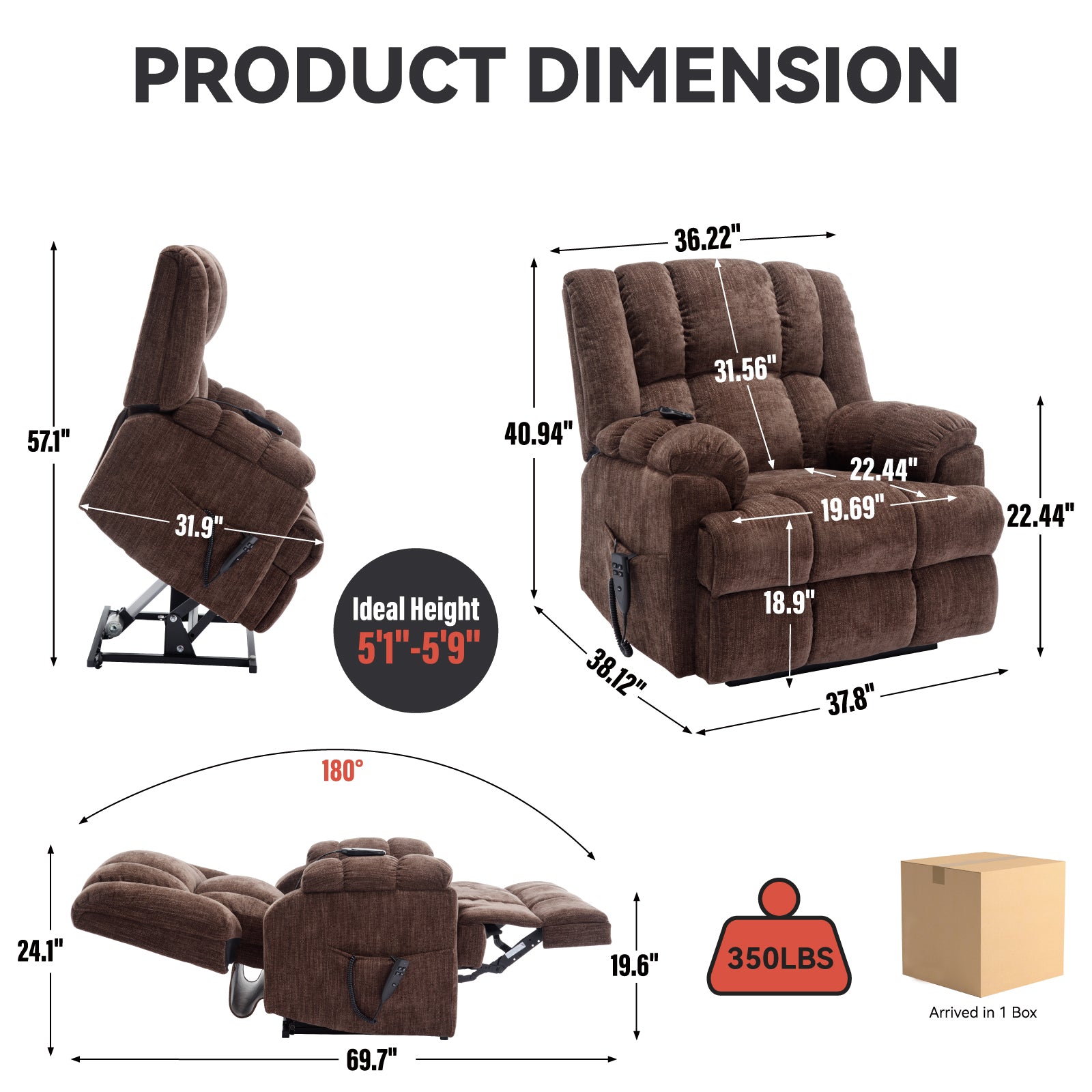 Dual Motor Heat Massage Infinite Position Up to 350 LBS Electric Power Lift Recliners with Power-Remote, Medium-firm and Heavy Duty, Brown