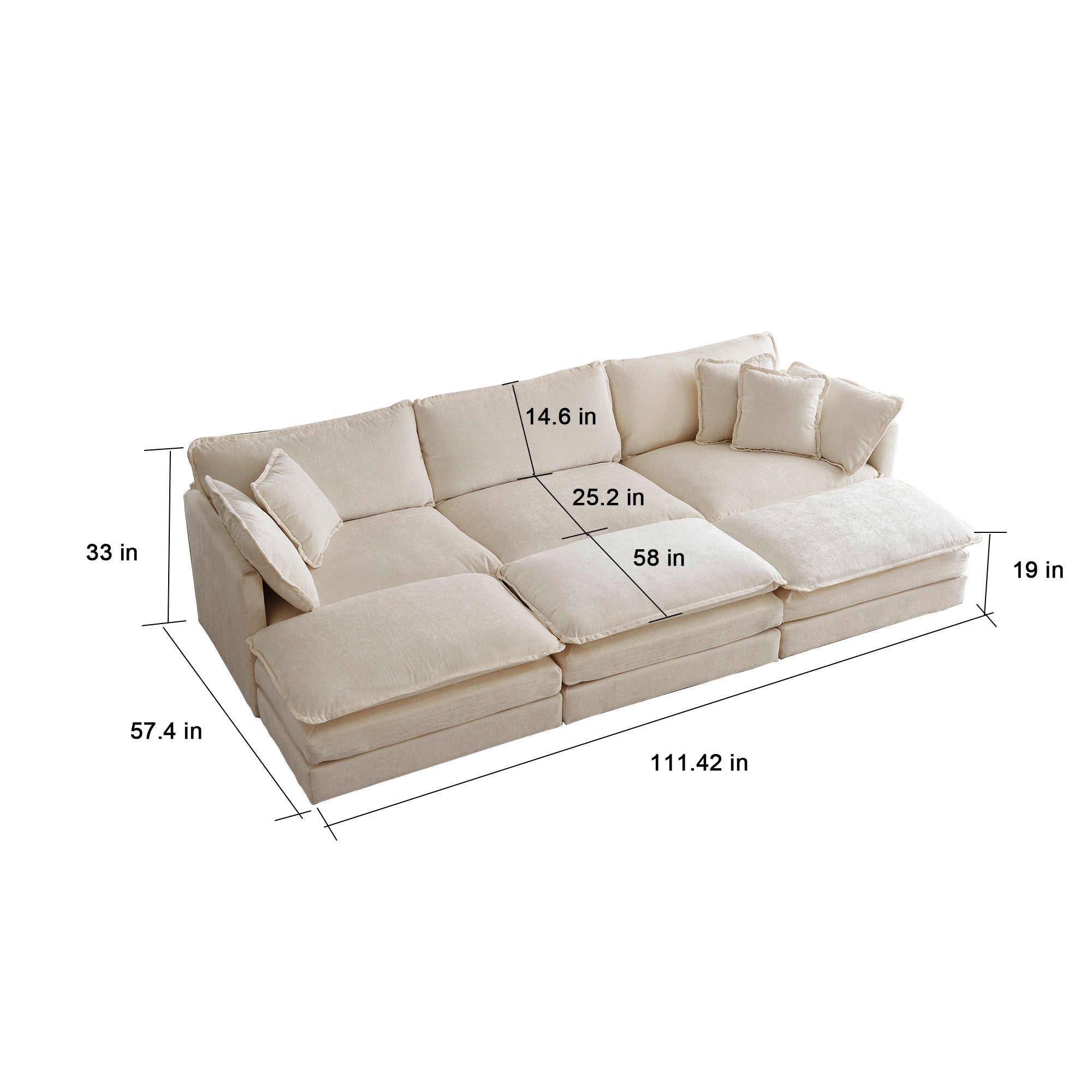 Comfortable Deep Seat Reversible Modular 6 Seater Sectional Super Soft Sofa U Shaped Sectional Couch with 3 Ottomans, 3 Toss Pillows and 2 Arm Pillows , Beige Chenille