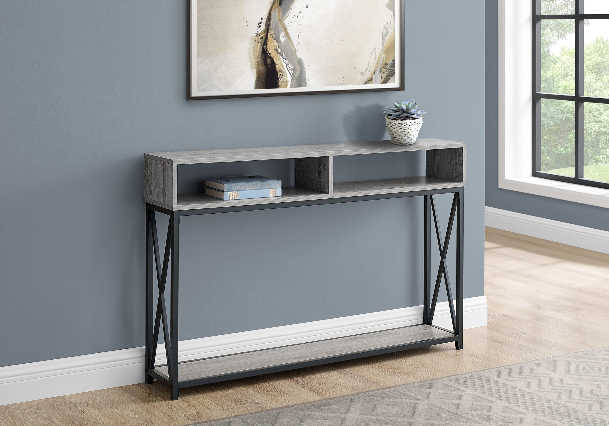 Accent Table, Console, Entryway, Narrow, Sofa, Living Room, Bedroom, Grey Laminate, Black Metal, Contemporary, Modern