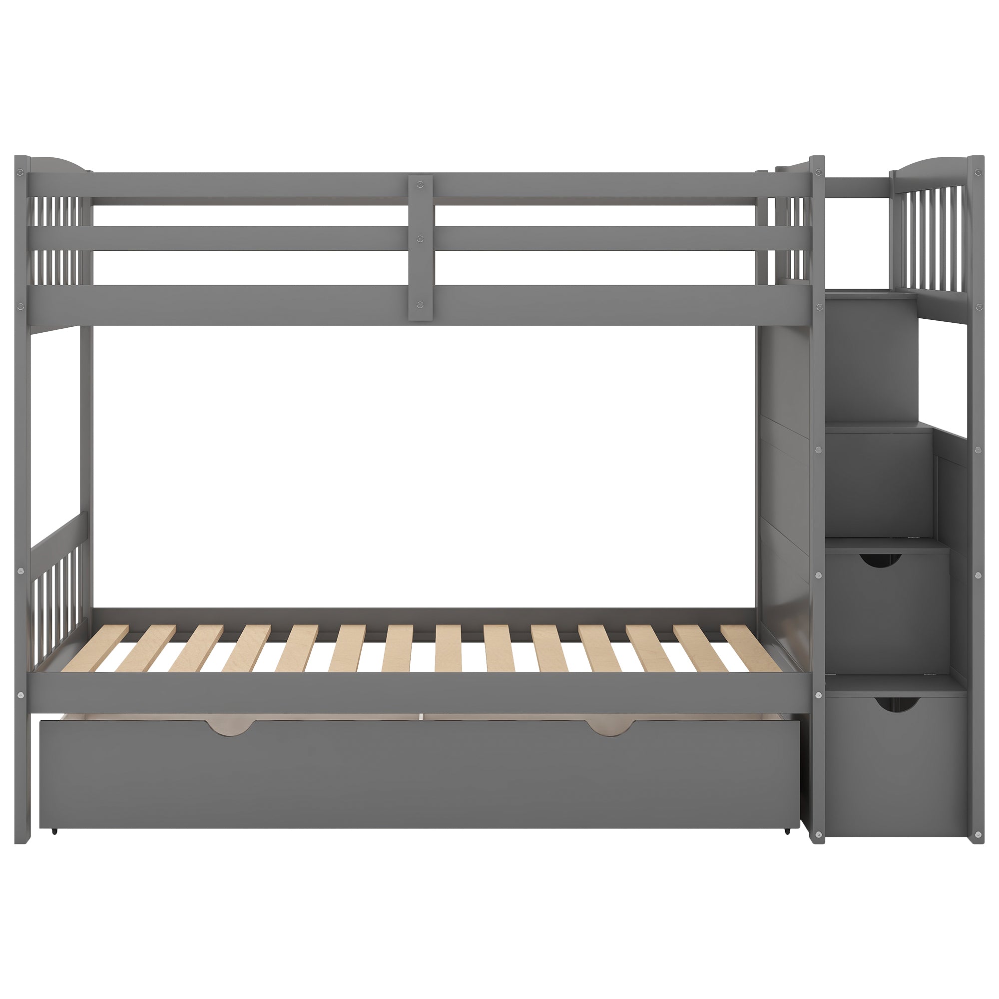 Twin over Full/Twin Bunk Bed, Convertible Bottom Bed, Storage Shelves and Drawers, Gray