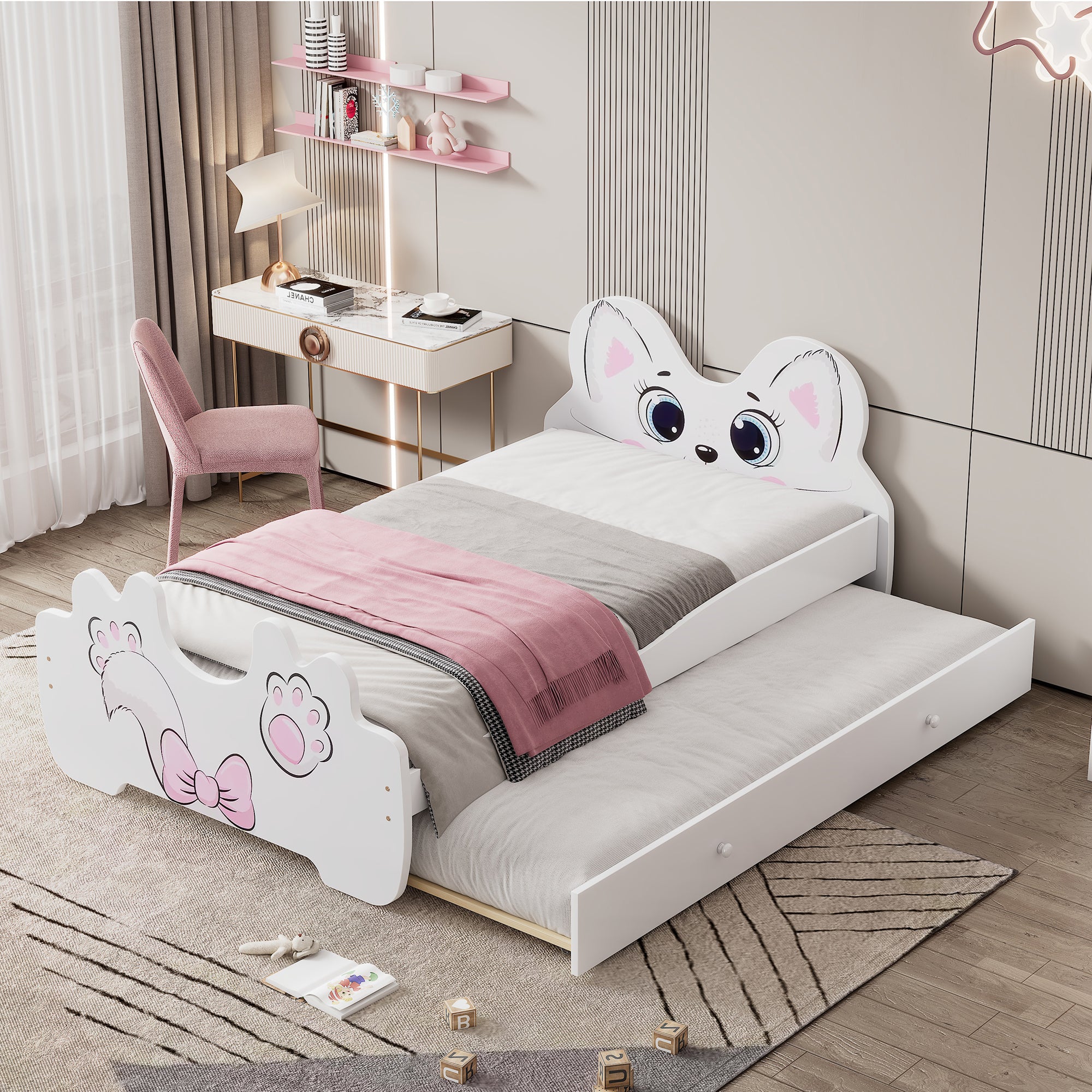 Cartoon Twin Size Platform Bed with Trundle, White