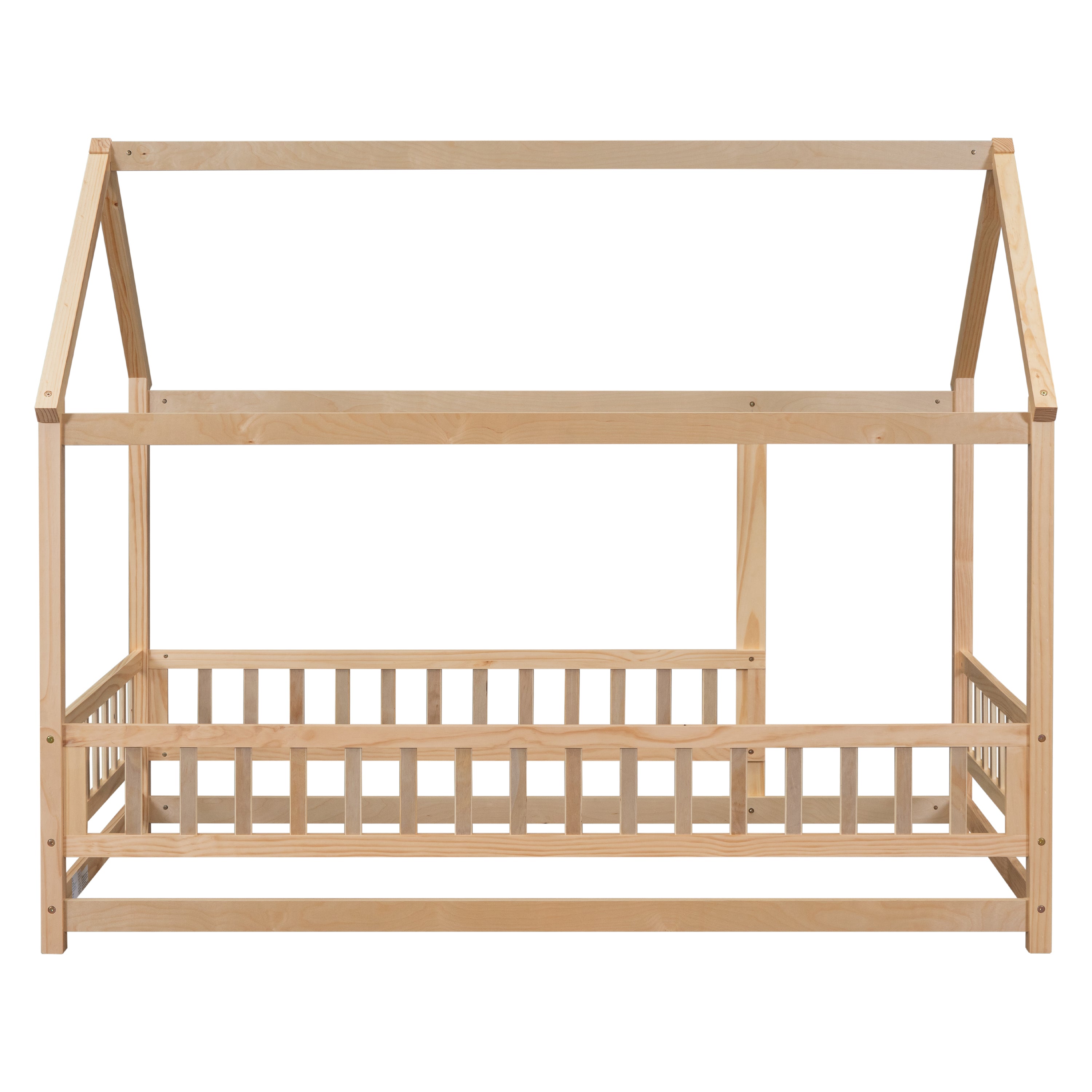 Twin Size Floor Wooden Bed with House Roof Frame, Fence Guardrails,(Old SKU:W504105240)