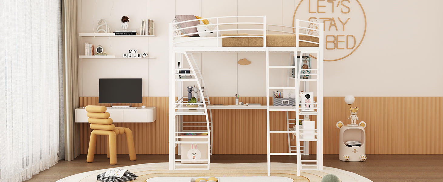 Full Size Loft Bed with 4 Layers of Shelves and L-shaped Desk, Stylish Metal Frame Bed with a set of Sockets, USB Ports and and Wireless Charging, White