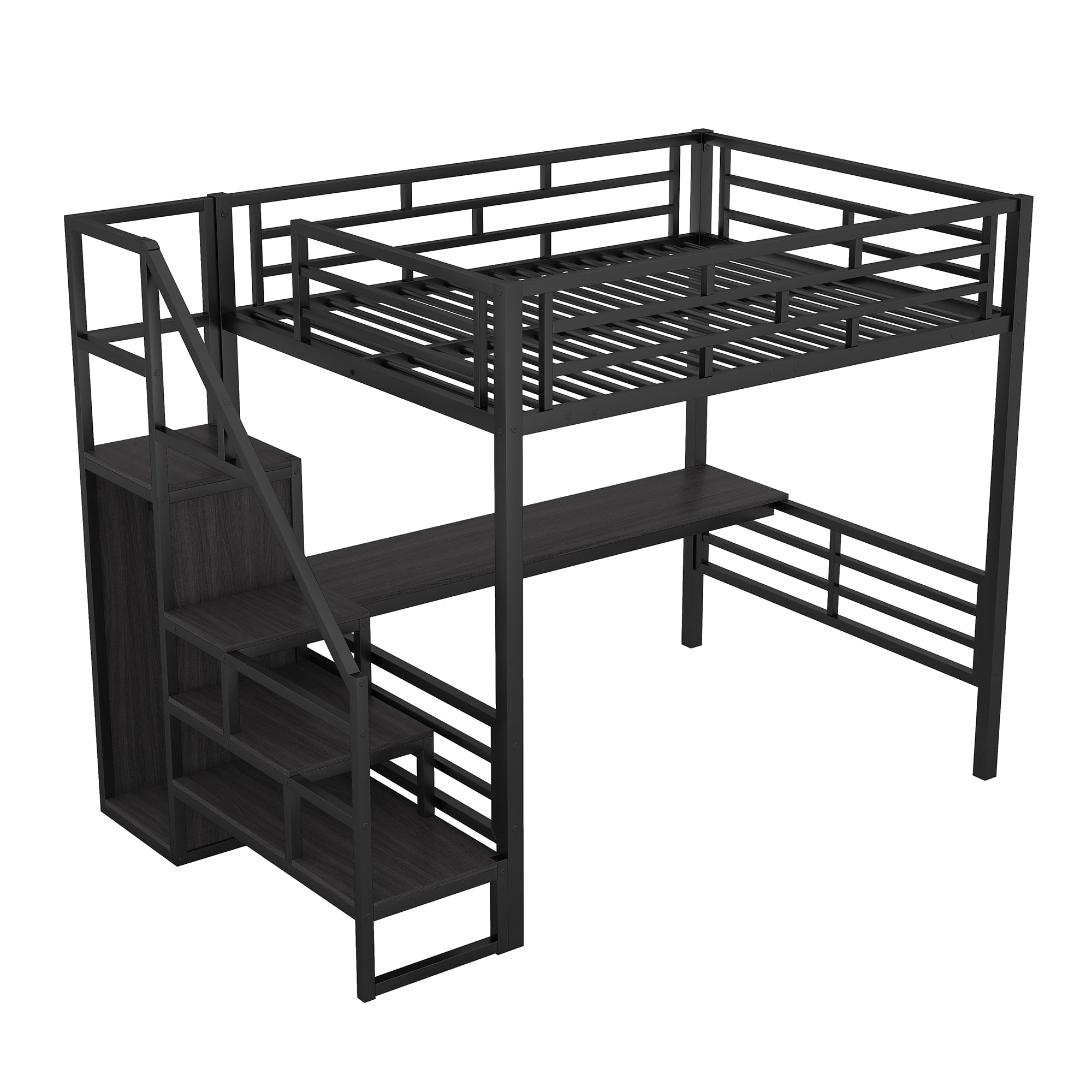 Full Size Metal Loft Bed with Desk, Storage Staircase and Small Wardrobe, Storage stairs can be installed left and right,Black