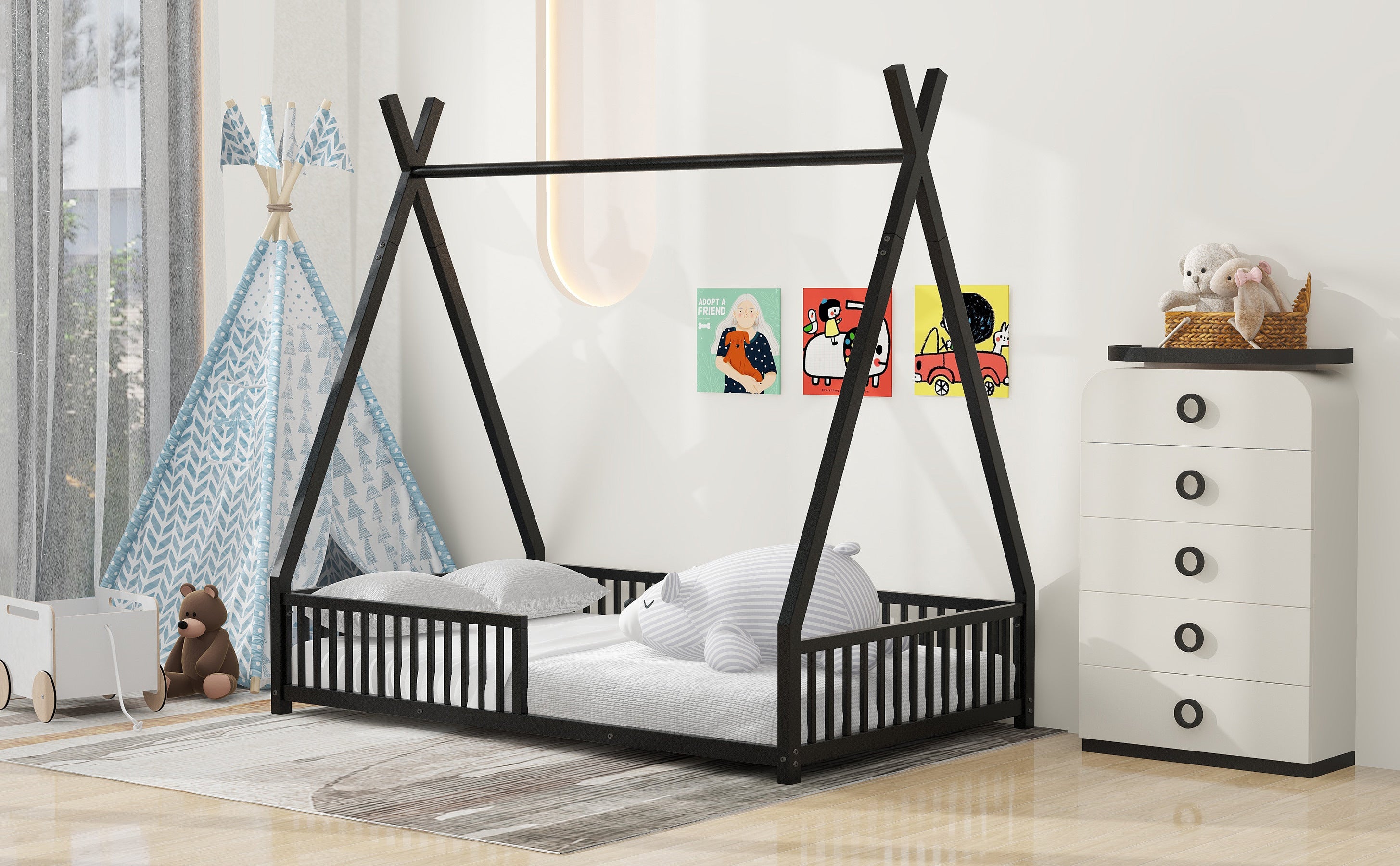 Metal Twin Size House Platform Bed with Triangle Structure and Guardrail, Black