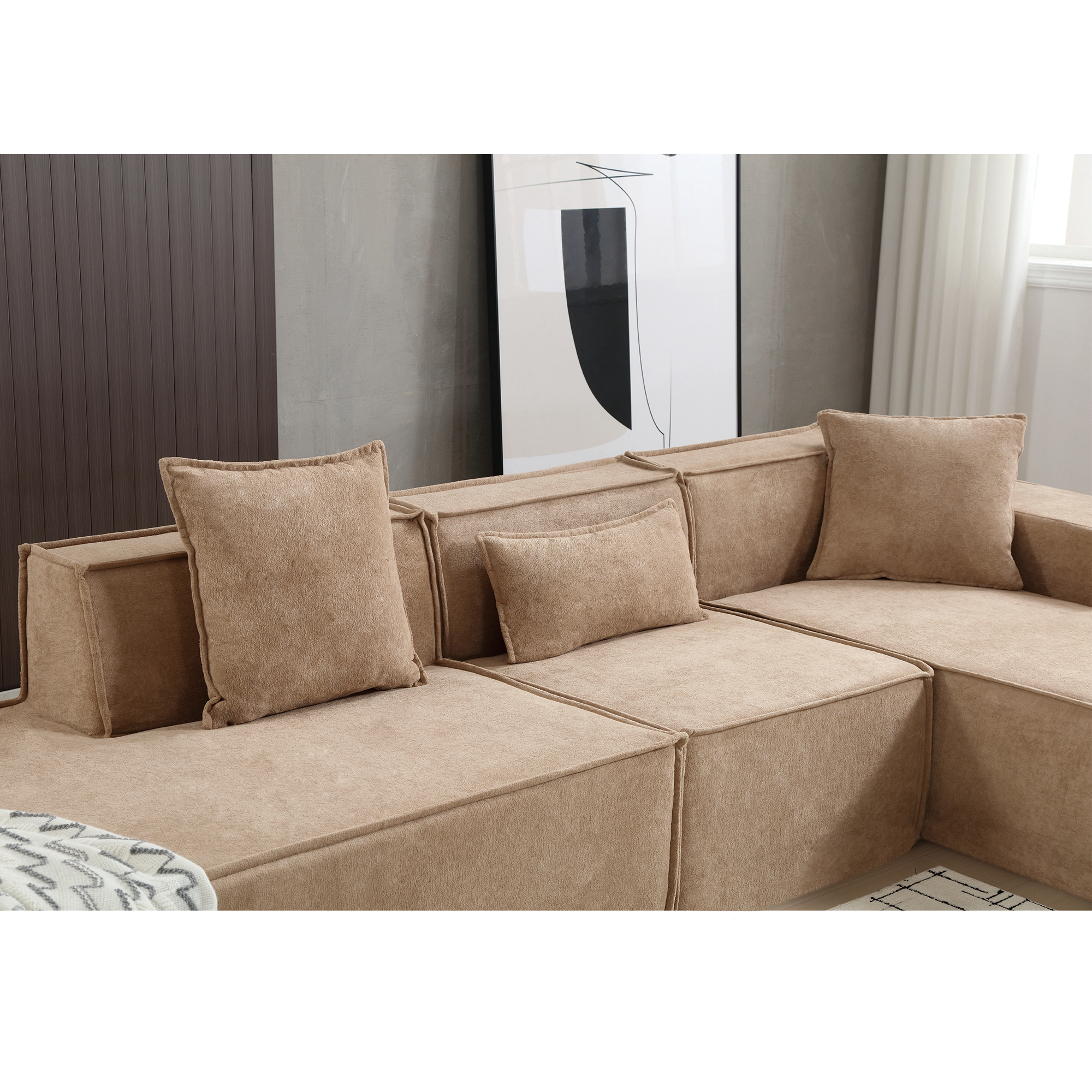 [VIDEO PROVIDED] Modular combination  sofa set, modern minimalist sofa, free installation sofa, L-shaped, Italian minimalist tofu block sofa,  Right-Hand Facing,Terrycloth fabric,Light Brown