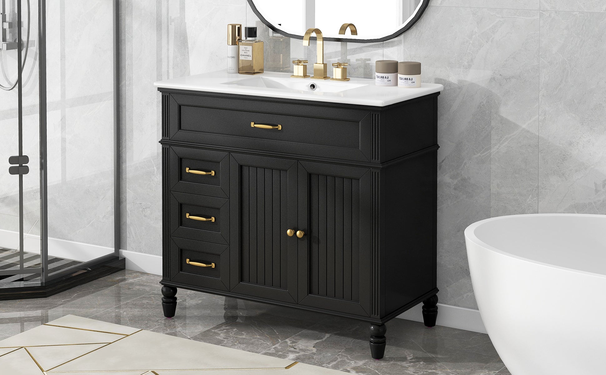 36" Bathroom Vanity with Sink, Black Bathroom Cabinet with Drawers, Solid Frame and MDF Board, One Package