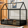 Twin Size Metal House Bed with Fence and Door, Black