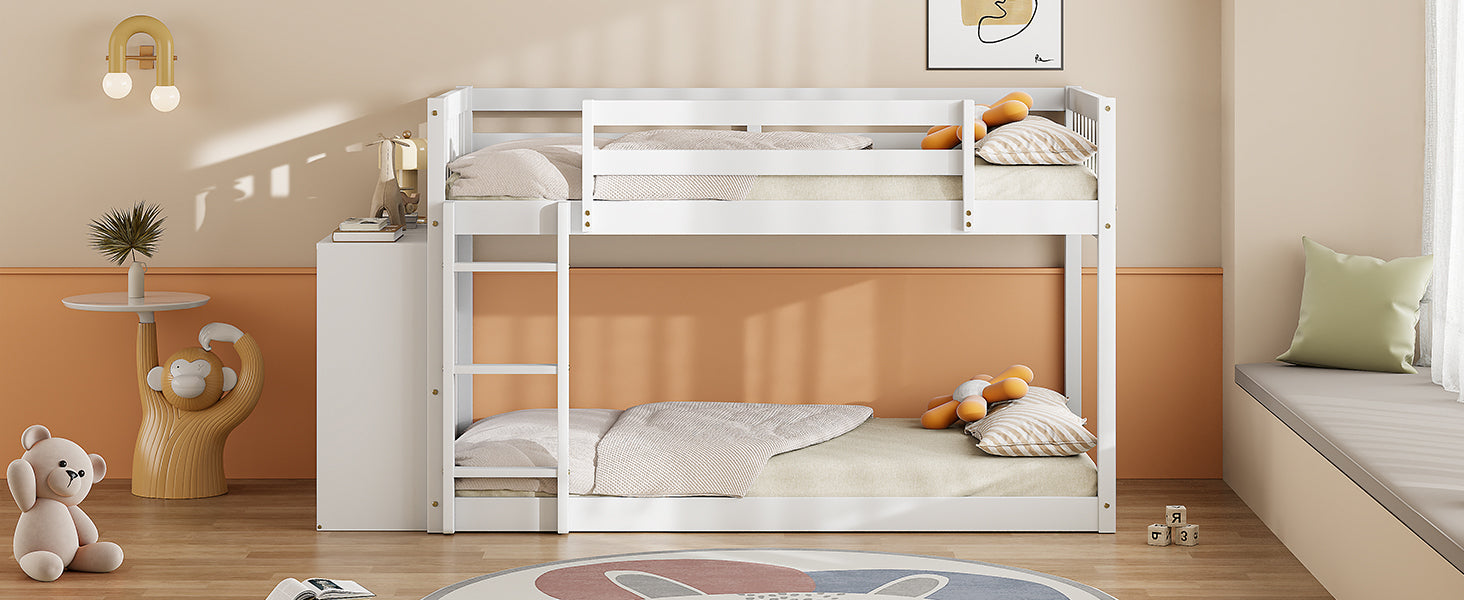 Twin over Twin Bunk Bed with 4 Drawers and 3 Shelves-White