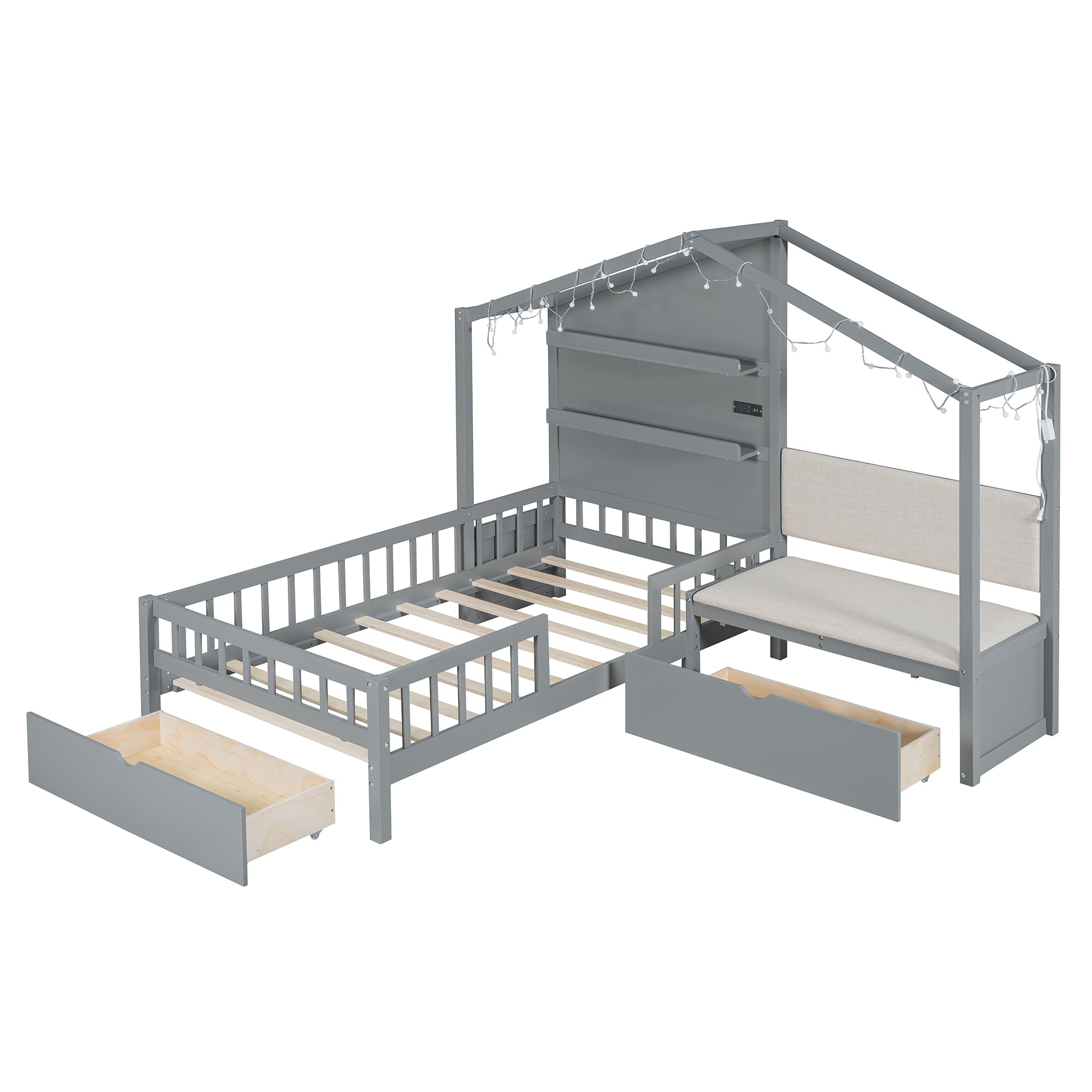 Twin Size House Bed with Upholstered Sofa, House Bed with Charging Station, Wireless Charging, Shelves and Two Drawers, Gray