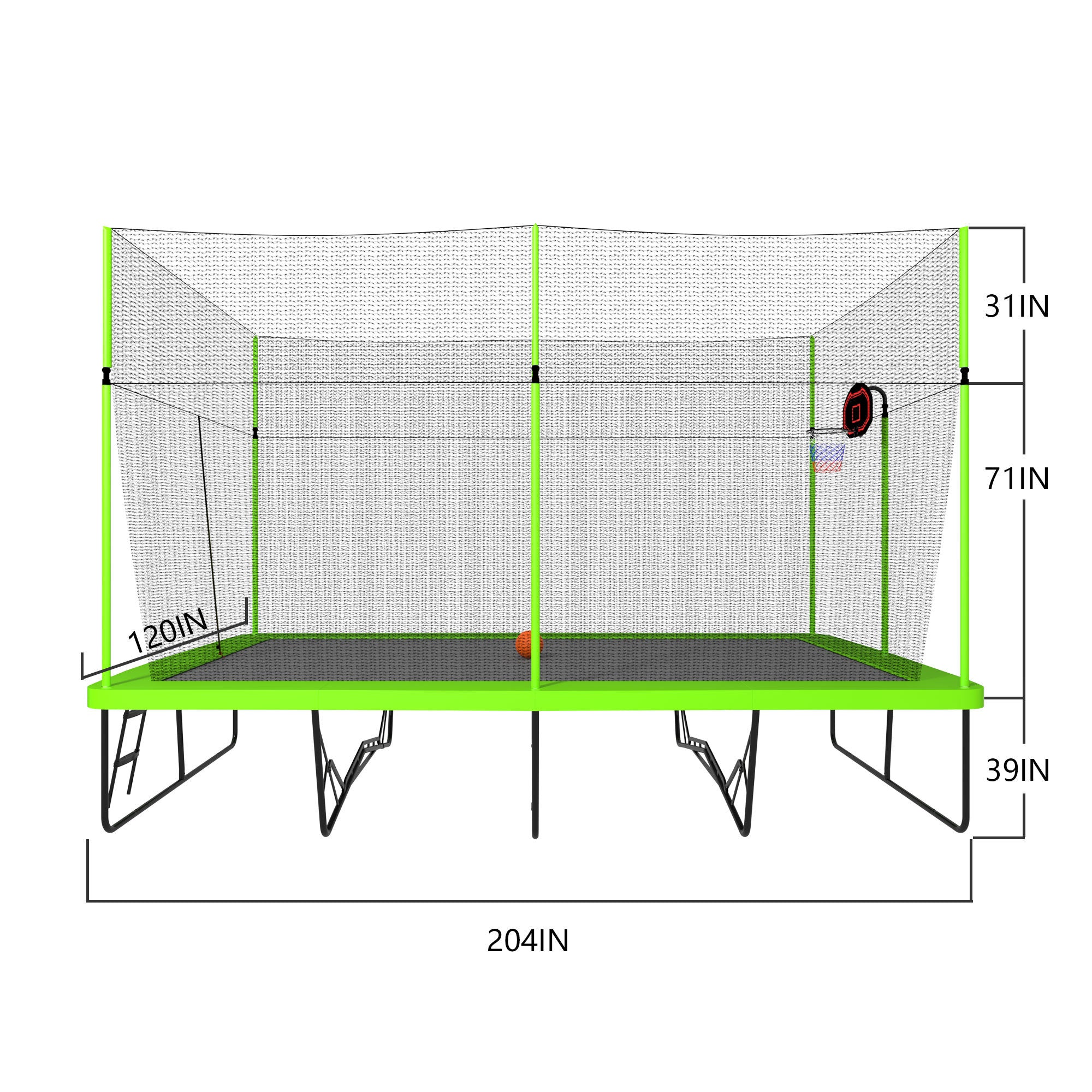 10ft by 17ft Rectangule Trampoline with Green Fabric Black Powder-coated Galvanized Steel Tubes with Basketball Hoop System Advanced Ladder