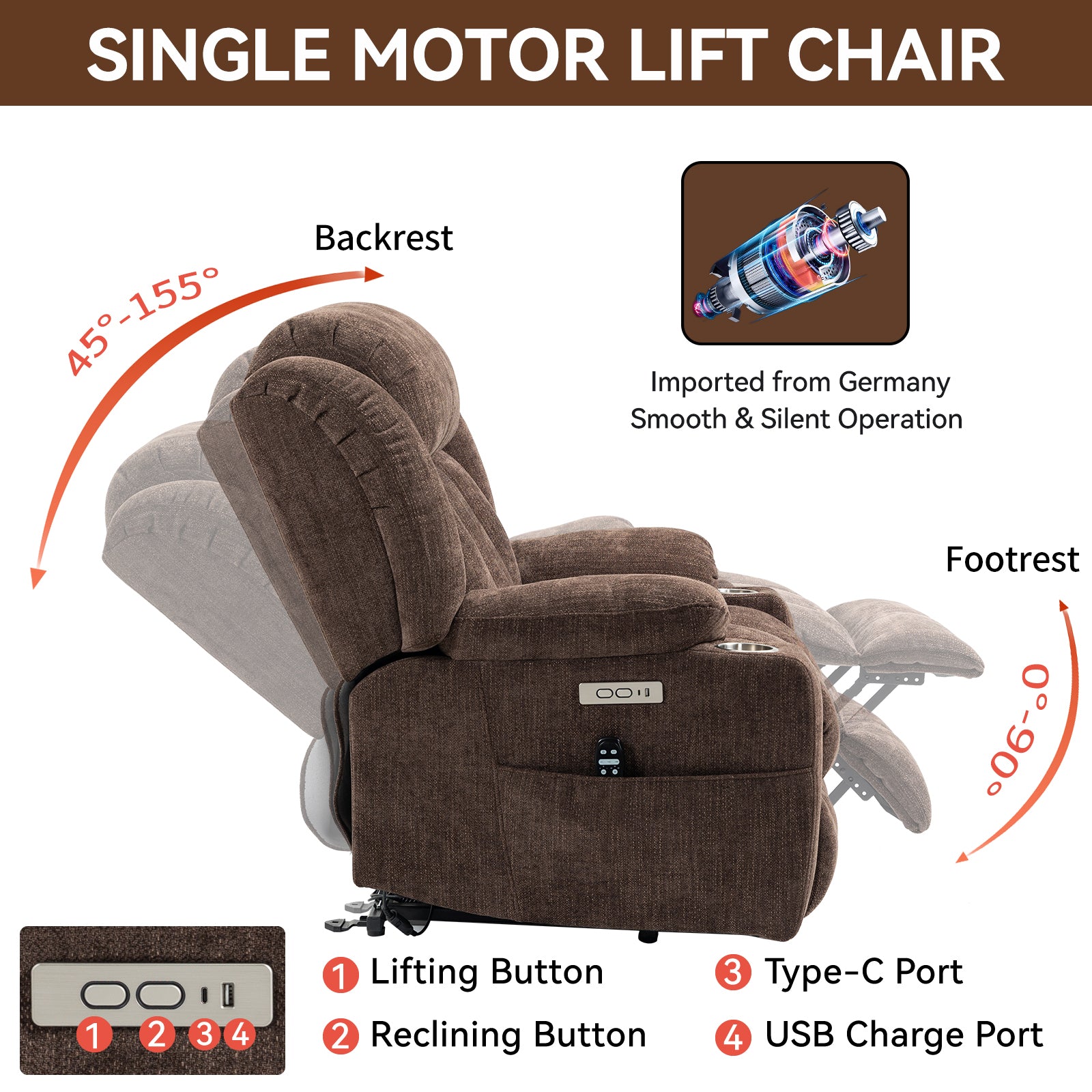 Up to 350 LBS Chenille Power Lift Recliner Chair, Heavy Duty Motion Mechanism with 8-Point Vibration Massage and Lumbar Heating, USB and Type-C Ports, Stainless Steel Cup Holders, Brown